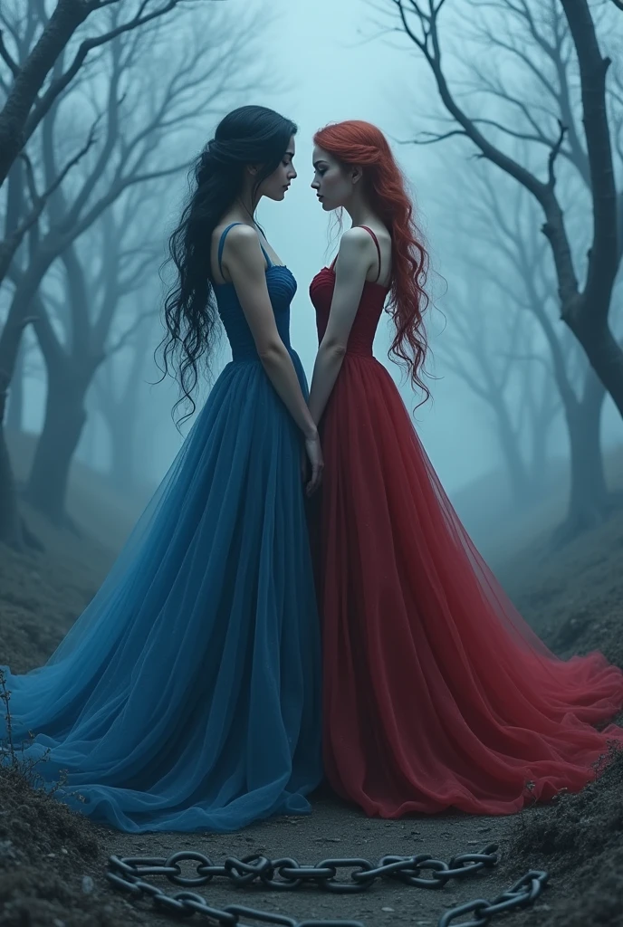  in red dress with tall black hair and glowing red eyes is standing with Girl with pale skin and her tall black hair covering her face. The background is slender forest