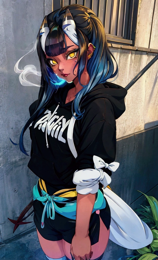 anime girl with blue hair, yellow eyes, smoking a cigarette, anime girl with turquoise hair, inspired by Rei Kamoi, Rimuru Tempest full face photo, anime girl rogue Ayanami Rei, anime character, anime character detailed image, Neferpitou, knights of the zodiac girl full length portrait, Rimuru Tempest profile, demonic anime girl, anime style character, seductive anime girl, black hoodie, white t-shirt, black short shorts