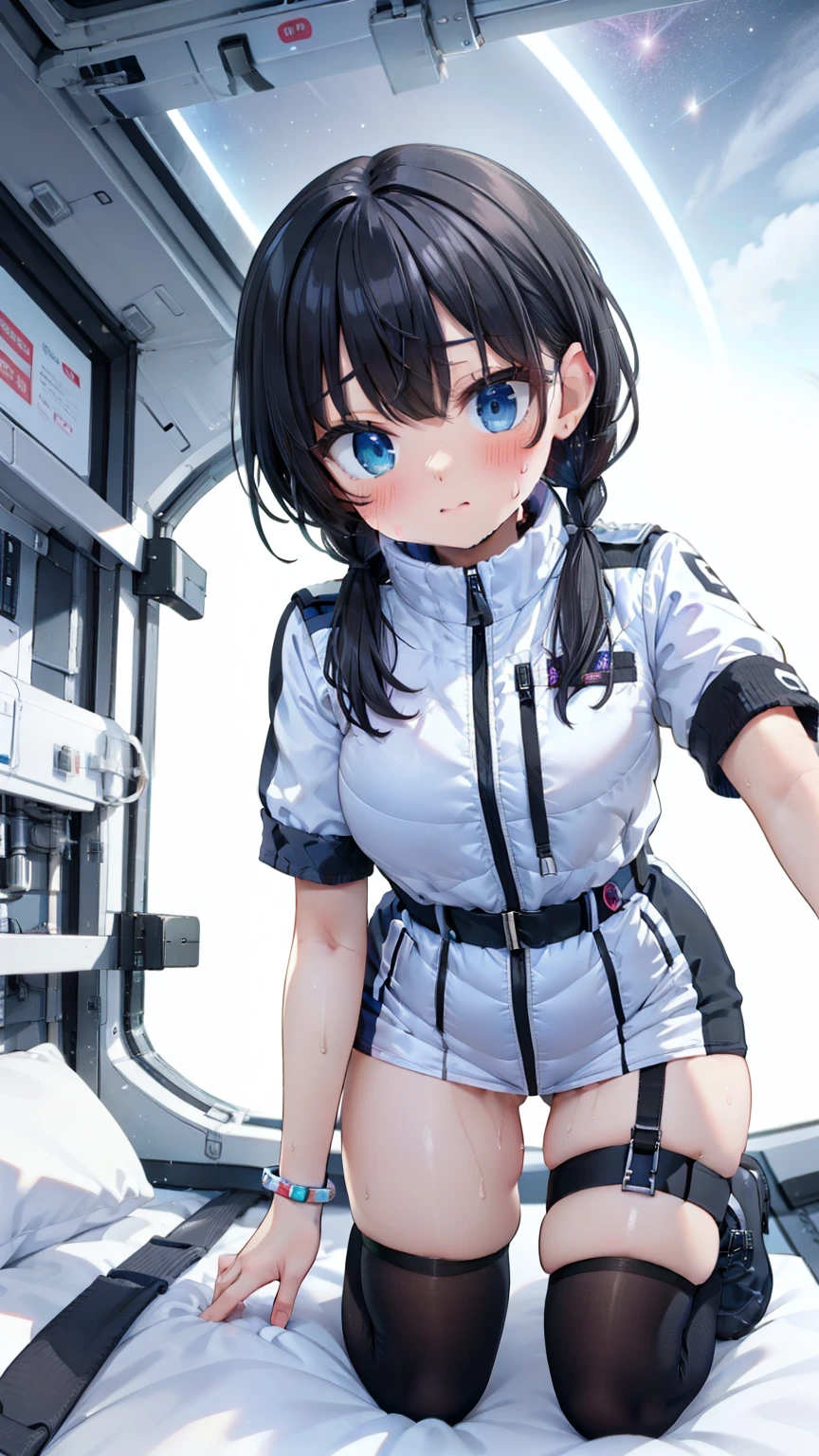 (Best Quality), (masterpiece), 1080P, High resolution, 4K, 8k, Inside the space station、Futuristic room、Thigh straps, Shooting from directly below, The woman on top of me, 白いsweat, Covered , sweat, Woman looking down, Skirt swimsuit, Thigh-high socks, To achieve this, , , whole body, Black leather shoes, Braided Hair, Inner Color, Embarrassed face, Short black hair, bracelet, bedroom,astrovest

