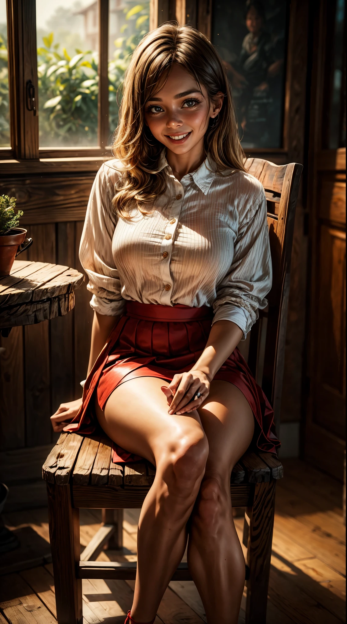 nsfw, 8K raw photo, Best quality, masterpiece, ultra high res, film grain, 1girl, looking at viewer, natural skin texture, realistic eye and face details, full lips, lipstick, rouge \(makeup\), red eyeshadow, fluffy short hair, messy hair, smile, close mouth, beautiful legs, tall female, skinny, slim_legs, medium breasts, cleavage, ultra short skirt, ass, open shirt, bedroom background, plaid skirt, white shirt, loafers, blurry background, brown hair, bracelet, water, bangs, , jewelry, parted lips, pleated skirt, depth of field,  prinzzess