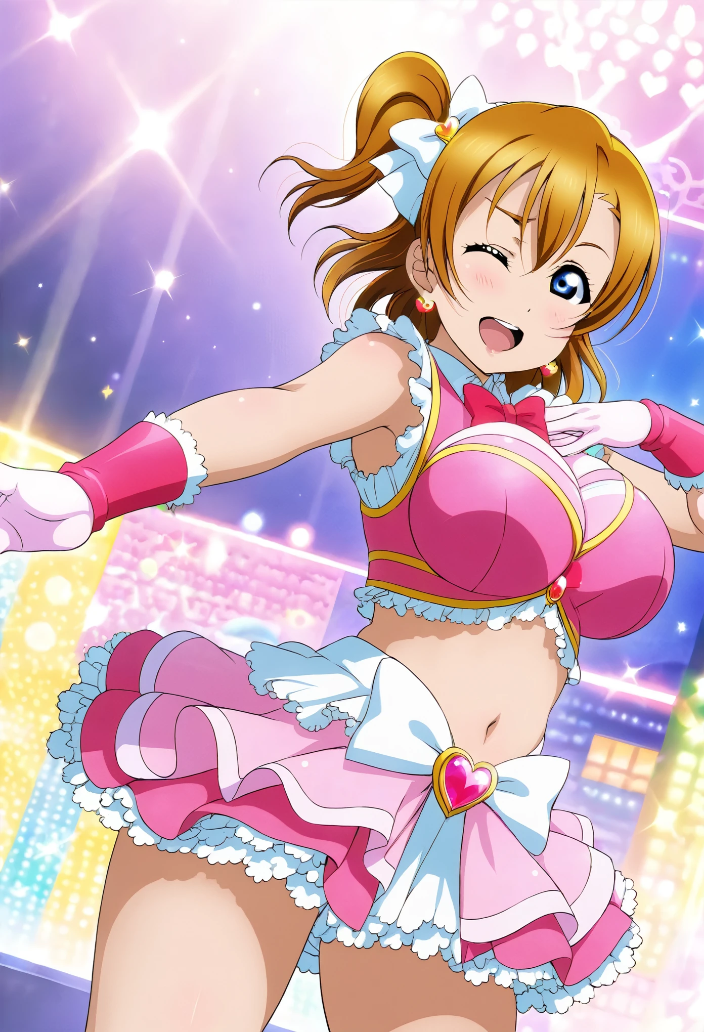 (Masterpiece, Best Quality, High Quality),anime style, love live,kousaka honoka , kousaka honoka,id_honoka_kosaka,love live,blue eyes, brown hair ,gloves ,harness ,thick thighs, magical girl , midriff, standing , cowboy shot , one eye closed ,big breasts 