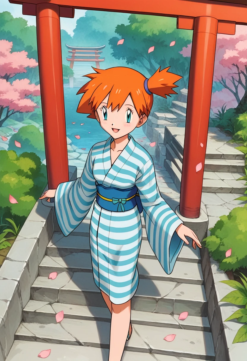 1girl, alone, misty pokemon, orange hair, hair down, aqua eyes, pretty, beautiful, From above, highest quality, Detailed Background, walking through a Zen garden, hair flower, hair ornaments, heart, Outdoor, petal, sash, shrine, Stone stairs, torii, Wide sleeves, yukata 