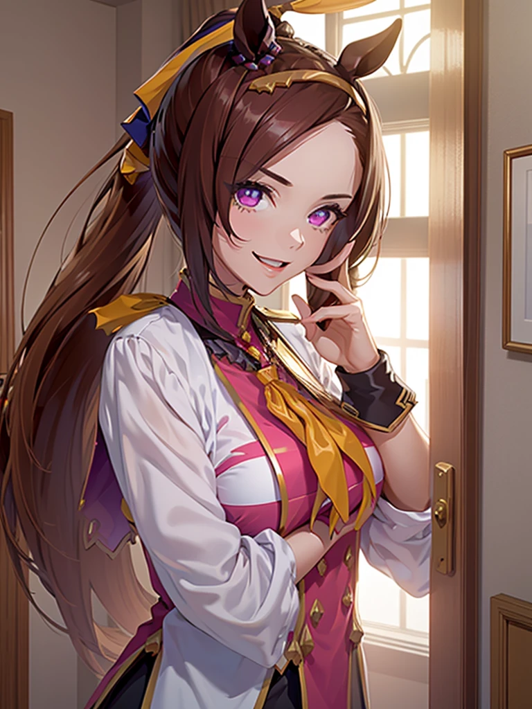 (​masterpiece、top-quality、hight resolution、Unity 8k、extremely details CG:1,Best Picture), Sakura Bakushin O (umamusume),Create an image of a stunningly beautiful woman entering a private room for hostess service, with an unusually high level of energy and enthusiasm. She is smiling brightly, maybe even overly so, and her body language is animated, almost too excited for the situation. Her movements are quick and exaggerated, and she radiates an infectious energy that fills the room. Despite her beauty, the focus is on her unexpectedly high enthusiasm, making her seem a bit too eager to please. The room should remain a cozy and intimate setting. nsfw