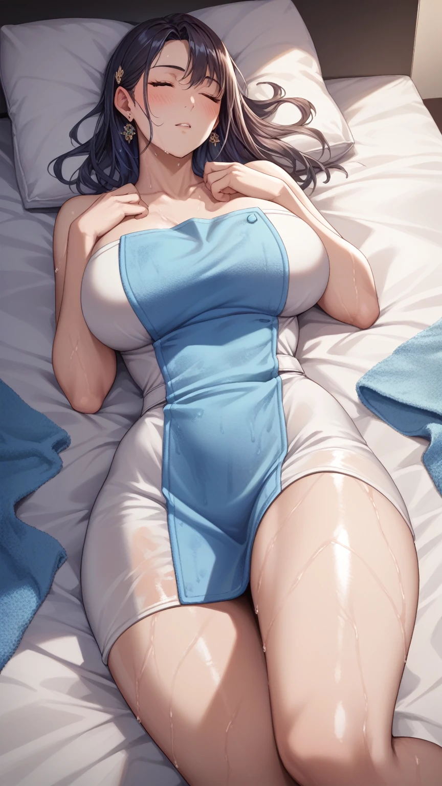 masutepiece,Best Quality,High resolution,Fine details,Realistic,Solo,Adult Woman,blush,Curve,Large breasts,Sweat,Oily skin,(((Fluffy dairy cow costume))),(Bedroom),((on the bed)),(((She is lying on her back))),((White liquid)),(((Night)))