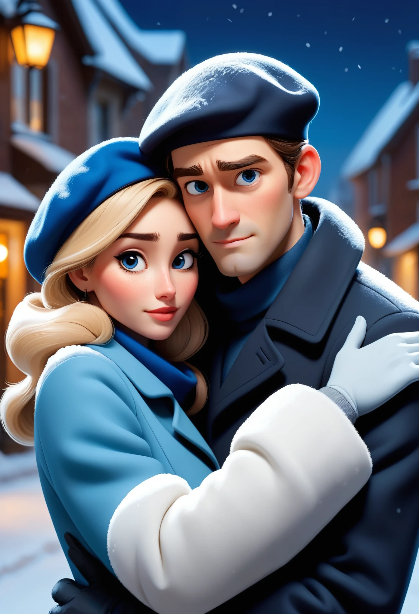 (disney pixar style:1.2) (cute and adorable girl:1.1) (adult aged 20:1.), a couple, dressed in a blue coat and beret, are embraced in a warm hug in front of a snowy street scene. the woman, positioned on the left side of the frame, it's been a long time, wavy blonde hair and a blue beret. her right arm is draped over The man's shoulder, while your left arm is bent at the elbow. The man, On the right side of the frame, has brown hair and a stern expression. he wears a black coat and a blue beret. the street behind them is covered in snow, with some houses visible in the distance. the scene is a snowy night, with the moon shining brightly in the sky.