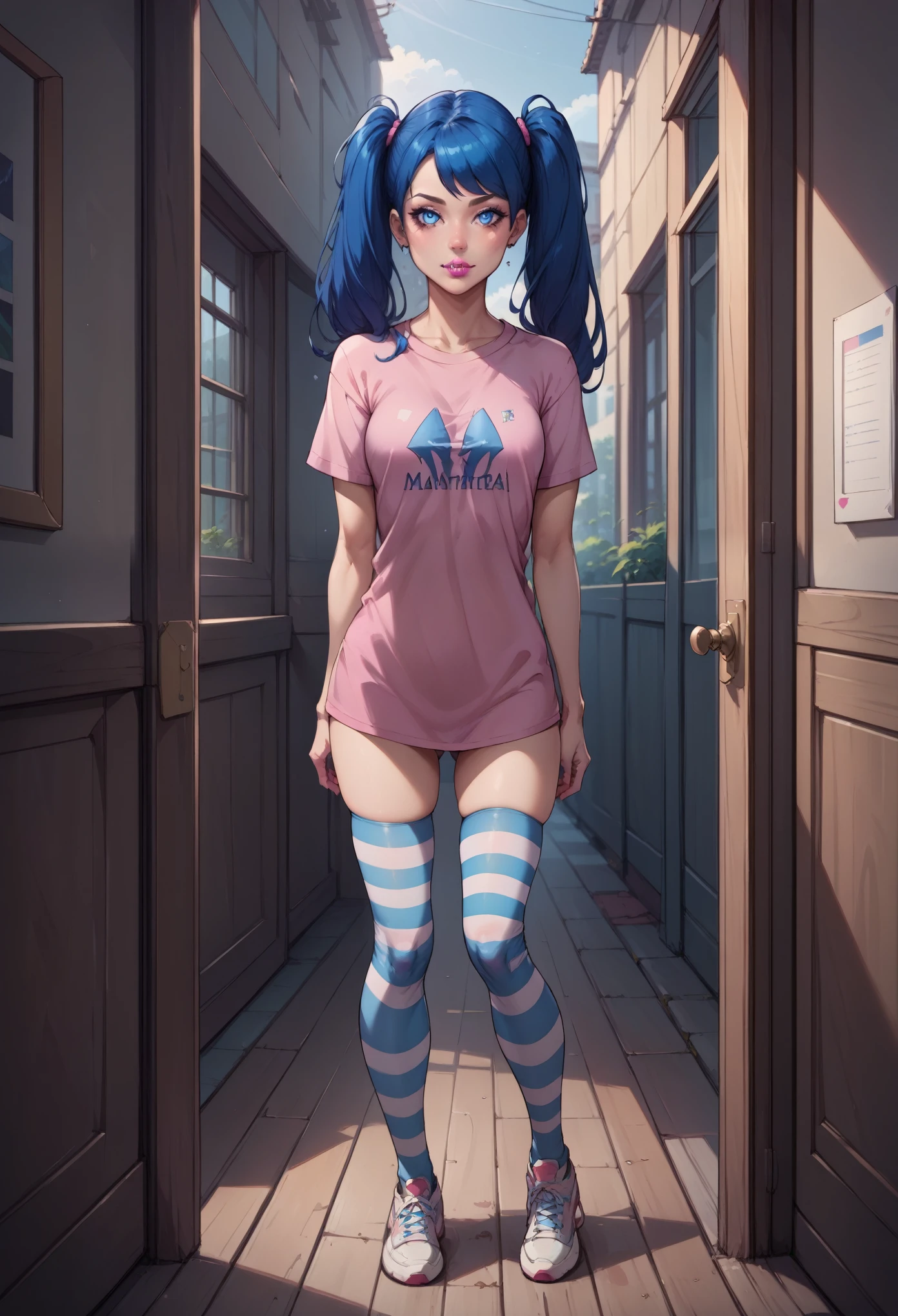 masterpiece, (SuperQuality:1.0), score_9, score_8_up, score_7_up, semi realistic, masterpiece, best quality, high resolution, face detail, skin detail, lustrous skin, skindentation, big blue eyes, blue hair, white skin, pink lipstick, black eyebrows, twintails, full body shot, fit body, pink shirt, young girl, small breast, slender girl, t-shirt, striped thighhighs, taut shirt, no pants, full body shot, cropped t-shirt