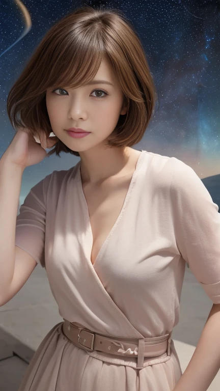 1 woman</input></xml>、40 years old、Plain long sleevesＴshirt、Belted long skirt、(Shining starry sky:1.4)、Night Sky、chest、Brown eyes、Brown Hair、lips、Long Hair、Gazing at the viewer、中くらいのchest、開いたlips、Short Bob Cut Hair、Real、solo、High resolution、Super detailed、Crisp clarity、Vivid lighting、Soft Shadows、Accurate Skin Tone、写真のようにRealなテクスチャ、High-fidelity rendering。Astronomical Observation