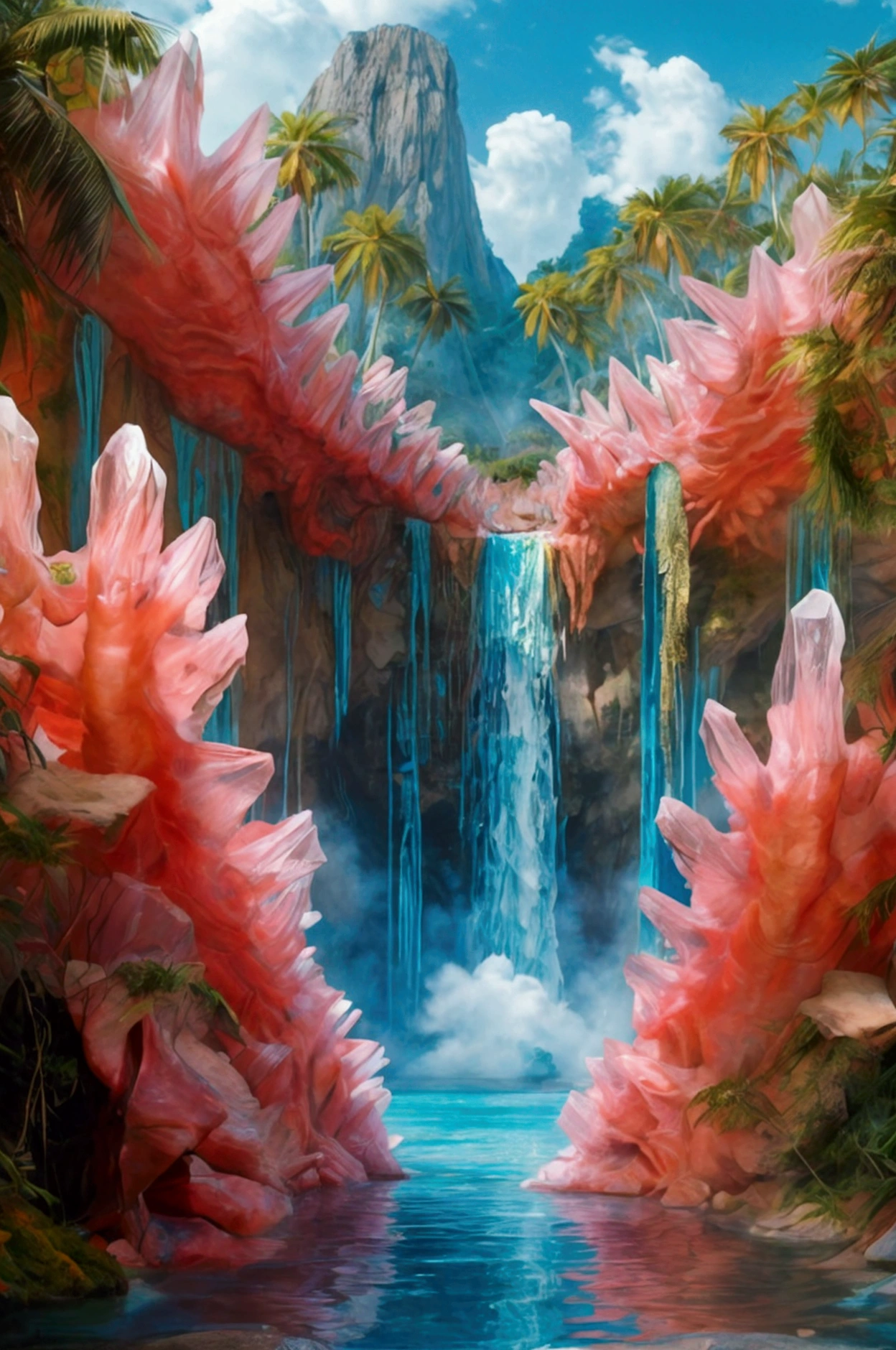 A cliff that is 300 feet tall made up of gigantic quartz crystal points that are multicolored translucent pillars in a tropical rainforest. In the middle of these skyscraper sized quartz crystals is an incredible gushing, cascading waterfall that pours into a beautiful lagoon that is lined with smaller quartz crystals 20 to 40 feet tall. In hues of Pink, Red, Orange, Yellow, Green, Blue, and purple, there are hundreds of quartz crystal formations pointing up in the sunlight in the cliff and protruding from the perimeter of the lagoon. Be sure that they are partially translucent and radiate color in the bright full sunlight.  In this Full Sunlight we see a Tyrannosaurus Rex as he has another T Rex down and is tearing him to shreads in the lagoon. Huge chunks of red raw meat are ripped off by the T Rex and the crystal clear blue water becomes thick with blood all around them. Pieces of stringy meat and  blood hang and drip off the T Rex's enormous teeth, his mouth covered in blood, and his eyes full of carnivore ecstasy as he eats his prey. Lots of blood all over the living T rex's face and head!  The dead T Rex has huge chunks of meat bitten out of his carcass and his intestines and stomach cavity spills out into the lagoon. We can see what he ate last as it floats in the water nearby. Show Us No red eyes! Graphic and disturbingly natural. Anatomically Correct Size and Proportion of T Rex! Show other animals sneaking in to feed in the carcass. Show the dead T Rex torn apart, vultures foy down to feed.  Breathtakingly Beautiful, Stunning, Awe Inspiring, An Awesome Site! If you get it right!  8K Octane, Action Painting, Artistic, Cinematic, Cinematography, Conceptual Art, Super Saturated Colors, Hyperdetailed, Hyperrealism, Photorealistic, Portrait Photography, Surrealism, Unreal Engine, Sparkle, Depth Of Field, Optical Illusion, Cinematic Lighting, Glowing Light, Reflection Light, Perspective, Ultra bloody and gorey, UHD, Best Quality,Award Winning, Ultra Masterpiece