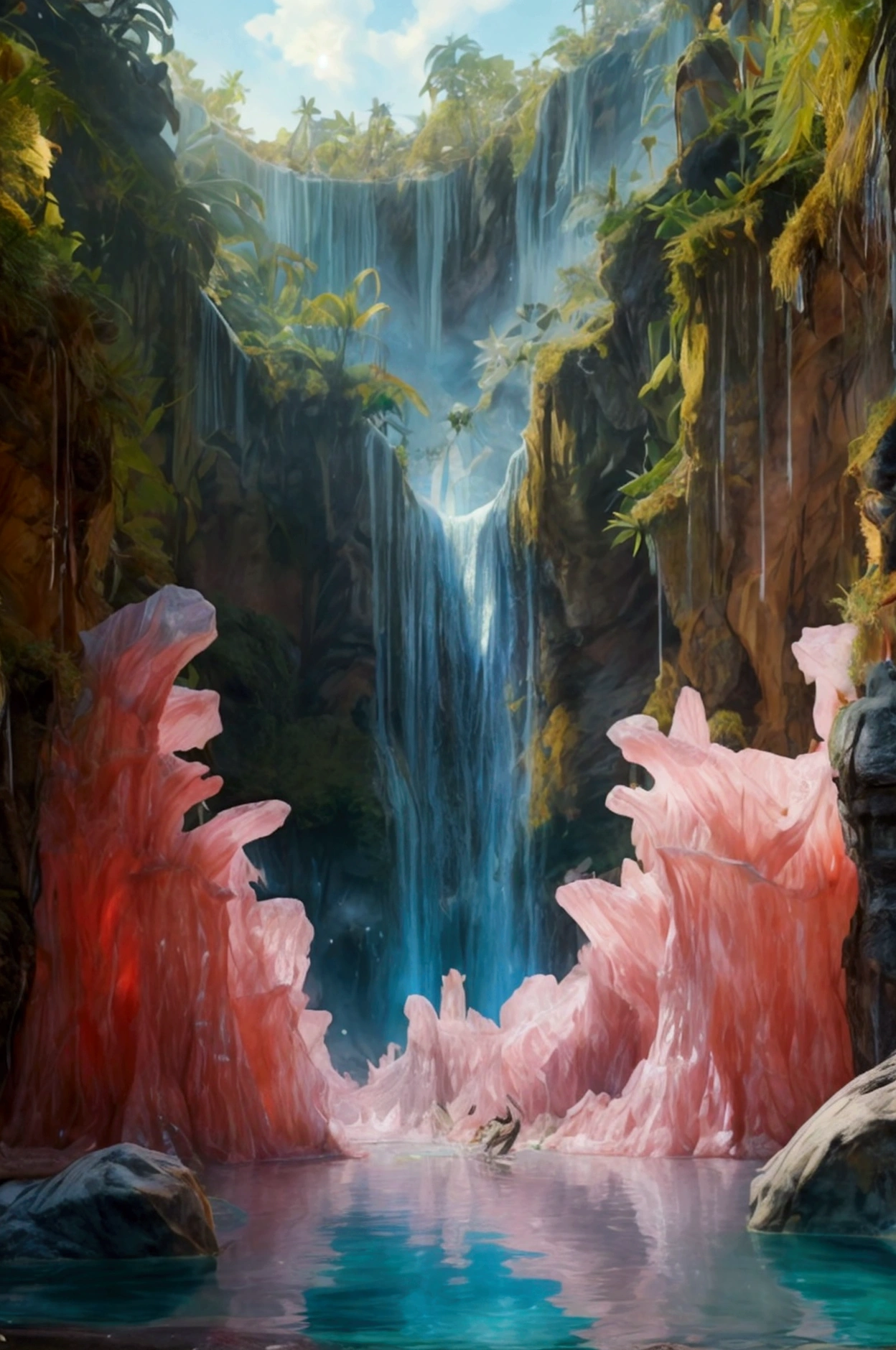 A cliff that is 300 feet tall made up of gigantic quartz crystal points that are multicolored translucent pillars in a tropical rainforest. In the middle of these skyscraper sized quartz crystals is an incredible gushing, cascading waterfall that pours into a beautiful lagoon that is lined with smaller quartz crystals 20 to 40 feet tall. In hues of Pink, Red, Orange, Yellow, Green, Blue, and purple, there are hundreds of quartz crystal formations pointing up in the sunlight in the cliff and protruding from the perimeter of the lagoon. Be sure that they are partially translucent and radiate color in the bright full sunlight.  In this Full Sunlight we see a Tyrannosaurus Rex as he has another T Rex down and is tearing him to shreads in the lagoon. Huge chunks of red raw meat are ripped off by the T Rex and the crystal clear blue water becomes thick with blood all around them. Pieces of stringy meat and  blood hang and drip off the T Rex's enormous teeth, his mouth covered in blood, and his eyes full of carnivore ecstasy as he eats his prey. Lots of blood all over the living T rex's face and head!  The dead T Rex has huge chunks of meat bitten out of his carcass and his intestines and stomach cavity spills out into the lagoon. We can see what he ate last as it floats in the water nearby. Show Us No red eyes! Graphic and disturbingly natural. Anatomically Correct Size and Proportion of T Rex! Show other animals sneaking in to feed in the carcass. Show the dead T Rex torn apart, vultures foy down to feed.  Breathtakingly Beautiful, Stunning, Awe Inspiring, An Awesome Site! If you get it right!  8K Octane, Action Painting, Artistic, Cinematic, Cinematography, Conceptual Art, Super Saturated Colors, Hyperdetailed, Hyperrealism, Photorealistic, Portrait Photography, Surrealism, Unreal Engine, Sparkle, Depth Of Field, Optical Illusion, Cinematic Lighting, Glowing Light, Reflection Light, Perspective, Ultra bloody and gorey, UHD, Best Quality,Award Winning, Ultra Masterpiece