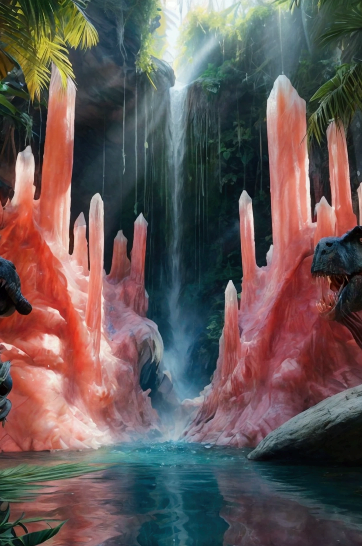 A cliff that is 300 feet tall made up of gigantic quartz crystal points that are multicolored translucent pillars in a tropical rainforest. In the middle of these skyscraper sized quartz crystals is an incredible gushing, cascading waterfall that pours into a beautiful lagoon that is lined with smaller quartz crystals 20 to 40 feet tall. In hues of Pink, Red, Orange, Yellow, Green, Blue, and purple, there are hundreds of quartz crystal formations pointing up in the sunlight in the cliff and protruding from the perimeter of the lagoon. Be sure that they are partially translucent and radiate color in the bright full sunlight.  In this Full Sunlight we see a Tyrannosaurus Rex as he has another T Rex down and is tearing him to shreads in the lagoon. Huge chunks of red raw meat are ripped off by the T Rex and the crystal clear blue water becomes thick with blood all around them. Pieces of stringy meat and  blood hang and drip off the T Rex's enormous teeth, his mouth covered in blood, and his eyes full of carnivore ecstasy as he eats his prey. Lots of blood all over the living T rex's face and head!  The dead T Rex has huge chunks of meat bitten out of his carcass and his intestines and stomach cavity spills out into the lagoon. We can see what he ate last as it floats in the water nearby. Show Us No red eyes! Graphic and disturbingly natural. Anatomically Correct Size and Proportion of T Rex! Show other animals sneaking in to feed in the carcass. Show the dead T Rex torn apart, vultures foy down to feed.  Breathtakingly Beautiful, Stunning, Awe Inspiring, An Awesome Site! If you get it right!  8K Octane, Action Painting, Artistic, Cinematic, Cinematography, Conceptual Art, Super Saturated Colors, Hyperdetailed, Hyperrealism, Photorealistic, Portrait Photography, Surrealism, Unreal Engine, Sparkle, Depth Of Field, Optical Illusion, Cinematic Lighting, Glowing Light, Reflection Light, Perspective, Ultra bloody and gorey, UHD, Best Quality,Award Winning, Ultra Masterpiece