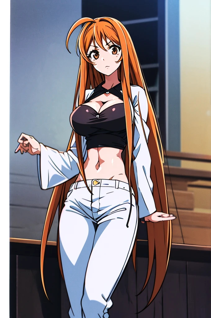 seryuuubiquitous, seryuu ubiquitous, long hair, brown hair, (brown eyes:1.3), very long hair, ponytail, 
blush, lipstick, jewelry, earrings, tattoo, Hot girl, baddie, staring, glaring, bad attitude, mean girl, dare, angry, hate, crazy, smoking, sensual, attractive, masterpiece, best quality, ((unbuttoned , cleavage, necklace, earrings, sexy body,
breasts)) , micro skirt, smiling, navel , exposed belly, exposed navel,(nsfw) not safe for work,school,
classroom , hold a gun,knot, holding pistol, navel piercing