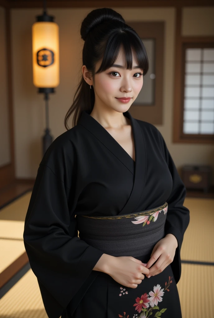 ((super photographic, superrealism)),Front view 1 woman, beautiful young Japaneses woman, her name is Junko Fuji,  30-age, (Black hair , chignon , fringe, beautiful dark brown eye, smile), (C cup breasts, wide hip), ( Japanese traditional Kimono, material black, kimono's below  flower pattern , obi, obi string ), standing pose, on tatami , in my office, Japanese lantern , house hold Shinto altar , ((super detail, high details, high quality, accurate, anatomically correct, textured skin, beautiful fingers super detail, high details, high quality, best quality))