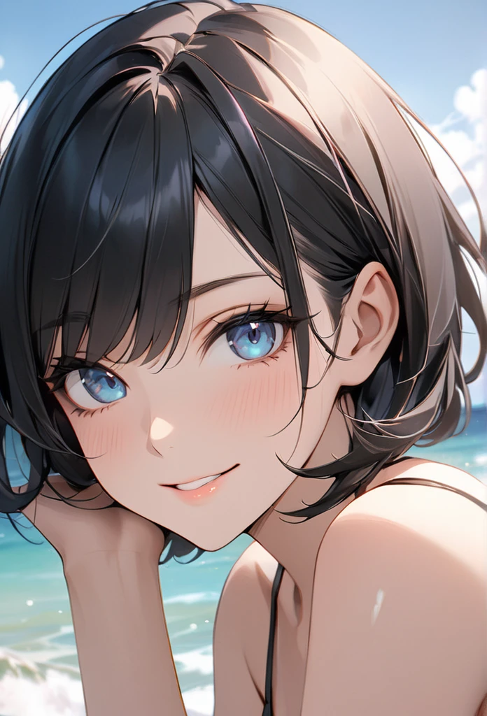 ((Highest quality)), ((masterpiece)), (detailed), (One girl),(（Japanese）),10 years old, Black Hair,(Childish face),  (Bob Hair), Girl ,Medium Breasts , ((Blue eyes)),shy-smile , Sunlight , ((Naked)),（(topless)）,((extreme_close_up)) ,((Lots of bubbles)), Medium Breasts, beach, 