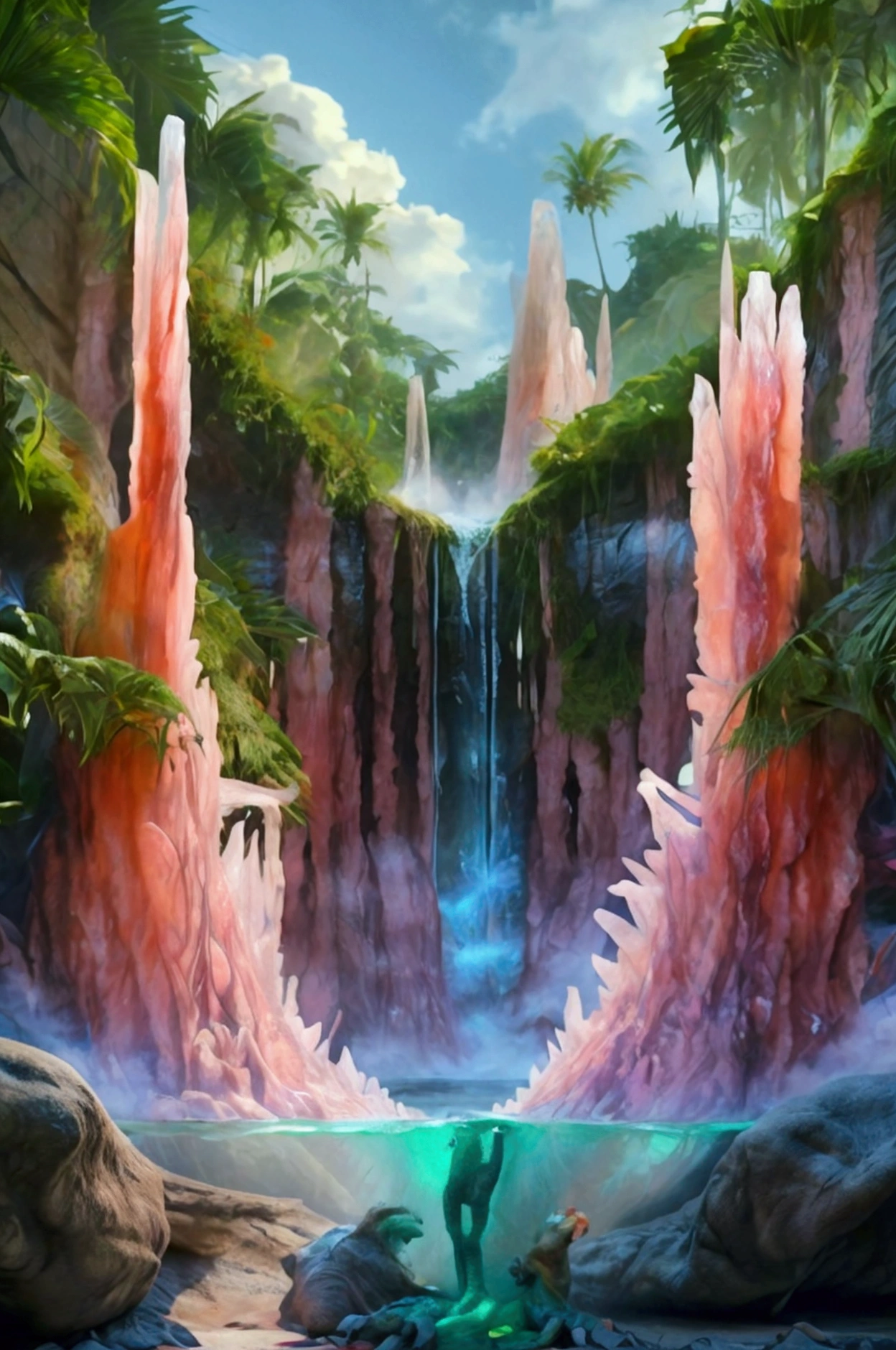 A cliff that is 300 feet tall made up of gigantic quartz crystal points that are multicolored translucent pillars in a tropical rainforest. In the middle of these skyscraper sized quartz crystals is an incredible gushing, cascading waterfall that pours into a beautiful lagoon that is lined with smaller quartz crystals 20 to 40 feet tall. In hues of Pink, Red, Orange, Yellow, Green, Blue, and purple, there are hundreds of quartz crystal formations pointing up in the sunlight in the cliff and protruding from the perimeter of the lagoon. Be sure that they are partially translucent and radiate color in the bright full sunlight.  In this Full Sunlight we see a Tyrannosaurus Rex as he has another T Rex down and is tearing him to shreads in the lagoon. Huge chunks of red raw meat are ripped off by the T Rex and the crystal clear blue water becomes thick with blood all around them. Pieces of stringy meat and  blood hang and drip off the T Rex's enormous teeth, his mouth covered in blood, and his eyes full of carnivore ecstasy as he eats his prey. Lots of blood all over the living T rex's face and head!  The dead T Rex has huge chunks of meat bitten out of his carcass and his intestines and stomach cavity spills out into the lagoon. We can see what he ate last as it floats in the water nearby. Show Us No red eyes! Graphic and disturbingly natural. Anatomically Correct Size and Proportion of T Rex! Show other animals sneaking in to feed in the carcass. Show the dead T Rex torn apart, vultures foy down to feed.  Breathtakingly Beautiful, Stunning, Awe Inspiring, An Awesome Site! If you get it right!  8K Octane, Action Painting, Artistic, Cinematic, Cinematography, Conceptual Art, Super Saturated Colors, Hyperdetailed, Hyperrealism, Photorealistic, Portrait Photography, Surrealism, Unreal Engine, Sparkle, Depth Of Field, Optical Illusion, Cinematic Lighting, Glowing Light, Reflection Light, Perspective, Ultra bloody and gorey, UHD, Best Quality,Award Winning, Ultra Masterpiece