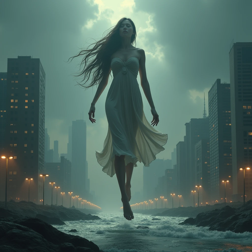 <lora:Elizabeth Gadd Style:1>Elizabeth Gadd Style - a distant urban lanscape with skyscrapers in the back and behind some slight fog, very far, a large lake in the middle and nothing but a beautiful woman in the front wearing an extremely long transparent dress that spreads all over the ground with a very long trail and having very long hair, turning her back to us, wearing a neon light umbrella under the rain, next to an empty and damaged bench, nothing else around, all mostly using neutral and blueish colors