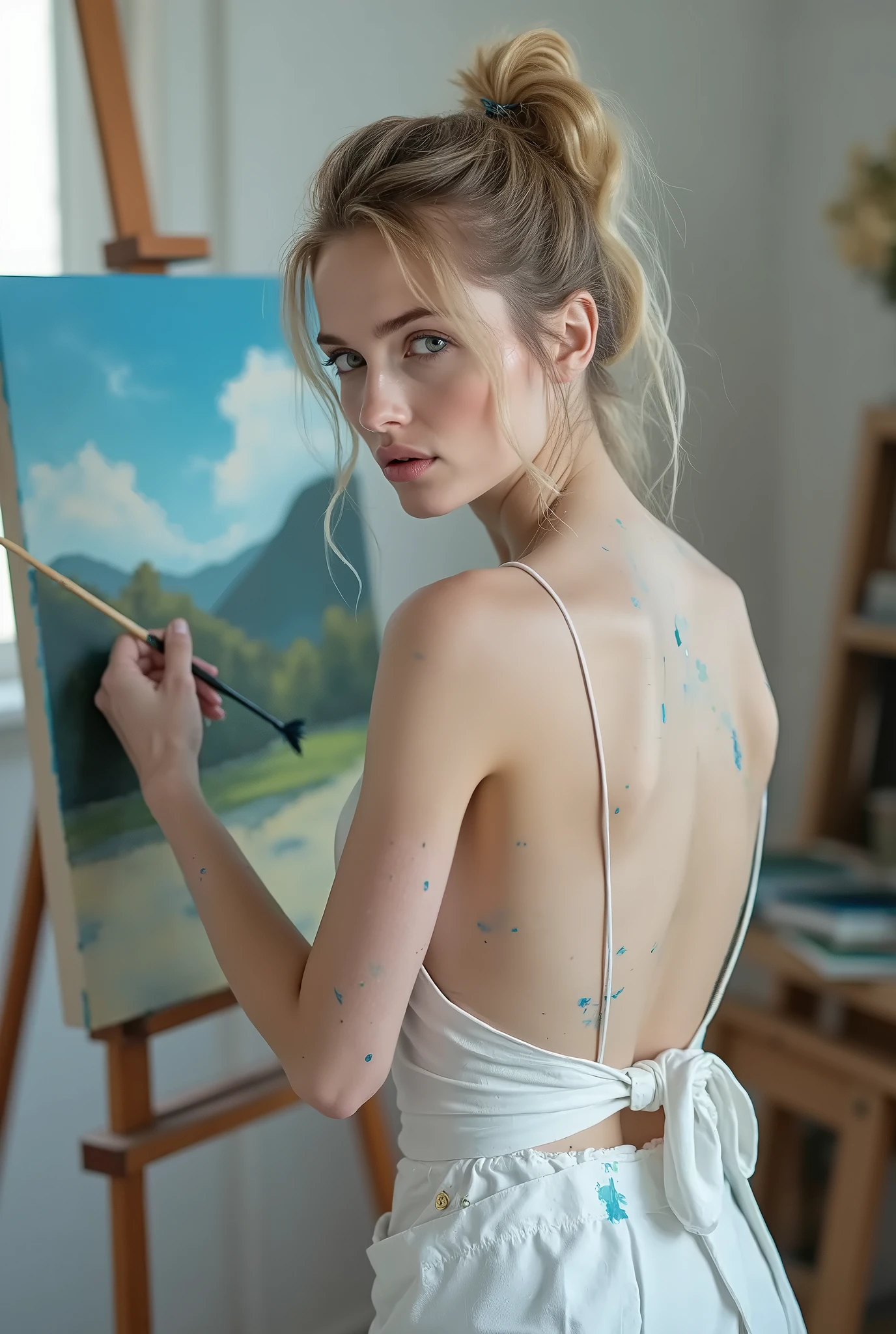 Photo,RAW,8k, photorealistic, 18yo woman painting in a painters studio,german teenager model, naked, light smile, full body, messy bun, It's November. masterpiece, delicate and sad face, gloomy,puddle,natural skin,no makeup,