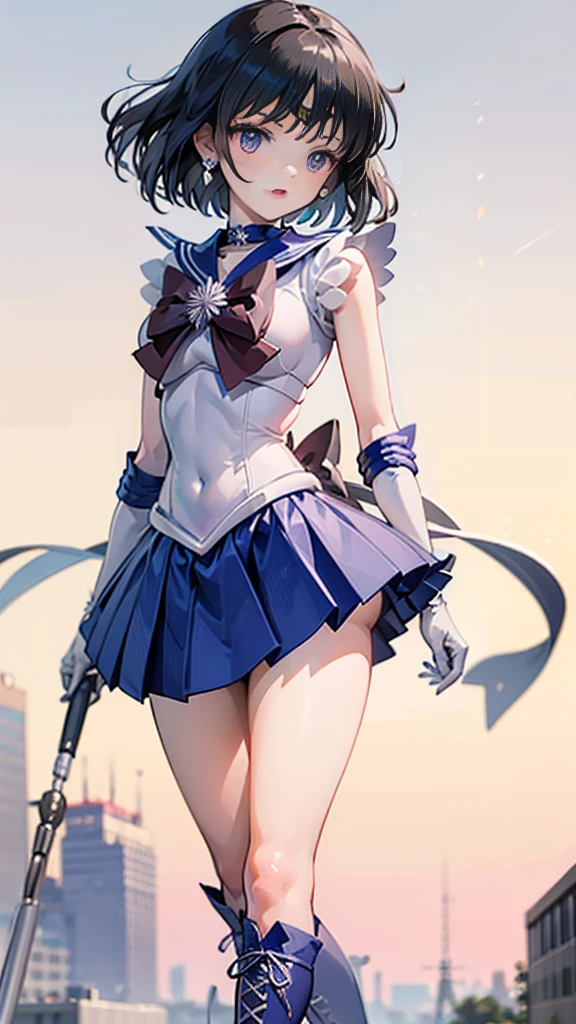 (whole body)，High resolution，Detailed Description，Best Quality(Sailor Warrior Uniform),Sailor Saturn，Black Hair，Cosmos，leotard，High Leg，purple skirt，Knee-high boots，Elbow Handbag，Thick thighs，The skirt is short,スカートの下に白色のleotardが見える，My skirt is blowing in the wind，Unprotected groin，，Embarrassed expression，Open your mouth，