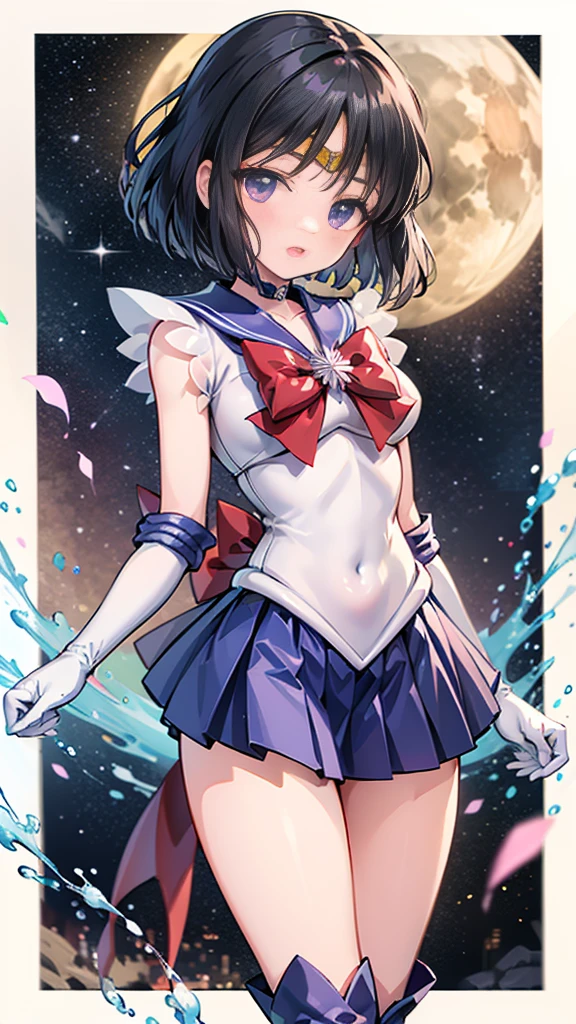 (whole body)，High resolution，Detailed Description，Best Quality(Sailor Warrior Uniform),Sailor Saturn，Black Hair，Cosmos，leotard，High Leg，purple skirt，Knee-high boots，Elbow Handbag，Thick thighs，The skirt is short,スカートの下に白色のleotardが見える，My skirt is blowing in the wind，Unprotected groin，，Embarrassed expression，Open your mouth，