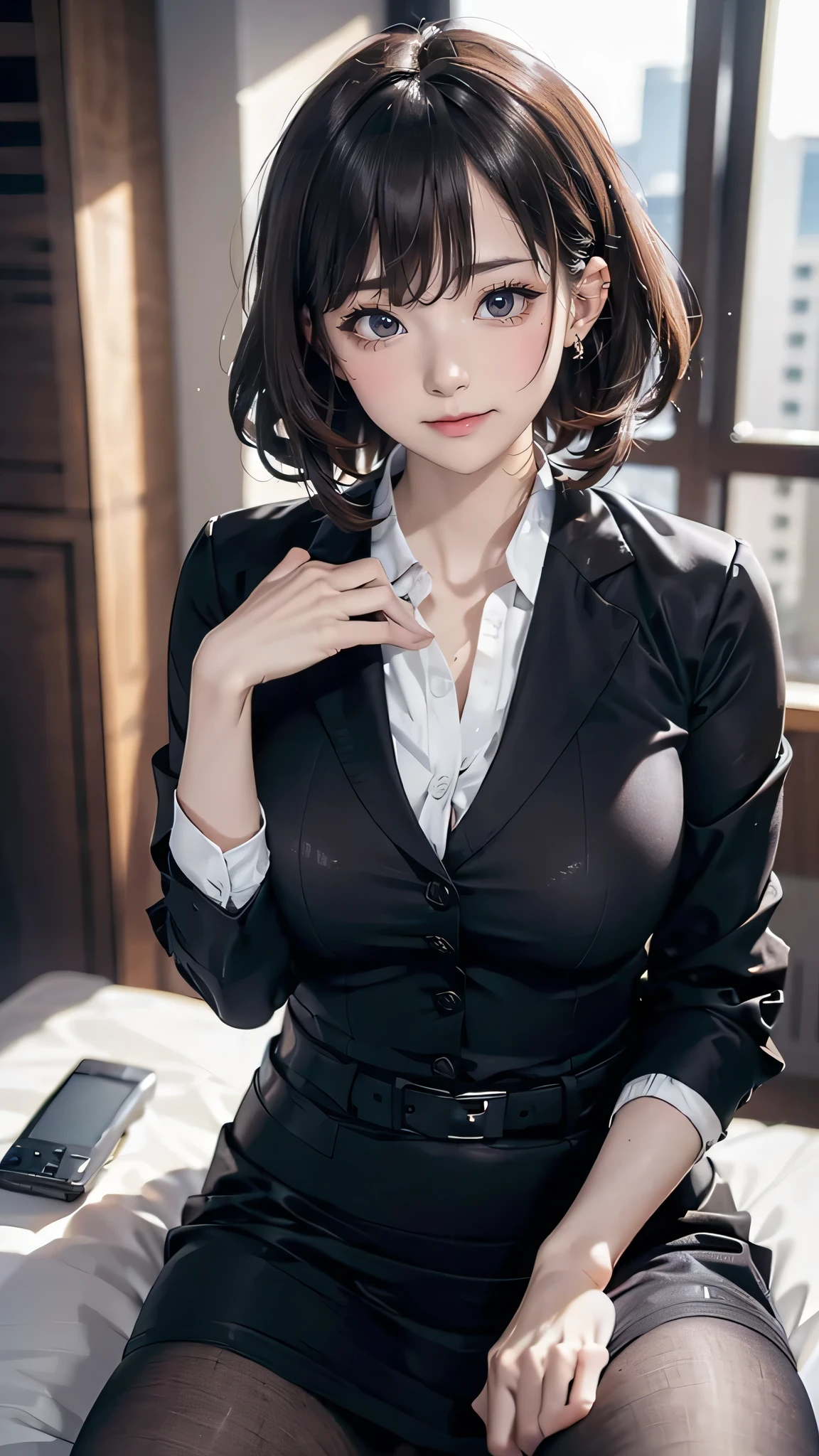 of the highest quality,hyperrealistic, (1 girl) (lawyer) (black formal jacket) (black suit) (White shirt) (medium breasts) (bare breasts) (in a court) (courtroom background) (fondo detailed) (detailed) (standing) (head on) (looking at the viewer) (leaning forward) (formal) (exposed breasts and nipples) (Open shirt) (tight clothes) (short hair) (japanese) (made up) (Red lips) (gold earrings) (perfect) (the most beautiful woman in the world) (sexy) (hourglass body) (thick thighs) (WHITE SOCKS) (shoes de tacon) (tight stockings) (Whole body) (shoes) (leaning towards the viewer) (fine details) (crouched) (excited smile)
