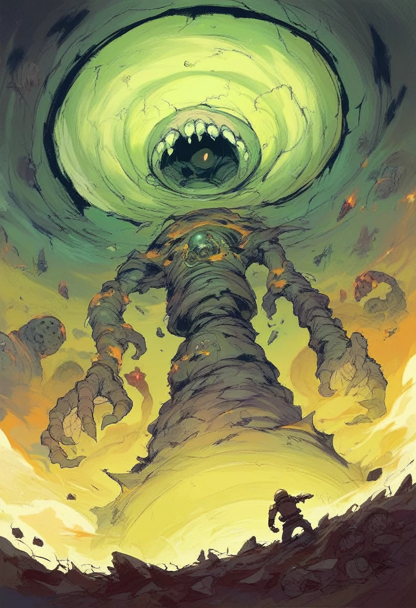 a poster of a man standing in front of a giant demon, doom eternal art style, petros afshar speedart, inspired by Aleksi Briclot, very coherent stylized artwork, laurie greasley, benedick bana, by Ludwik Konarzewski Jr, doom eternal concept art, by sparth, sci-fi digital art illustration