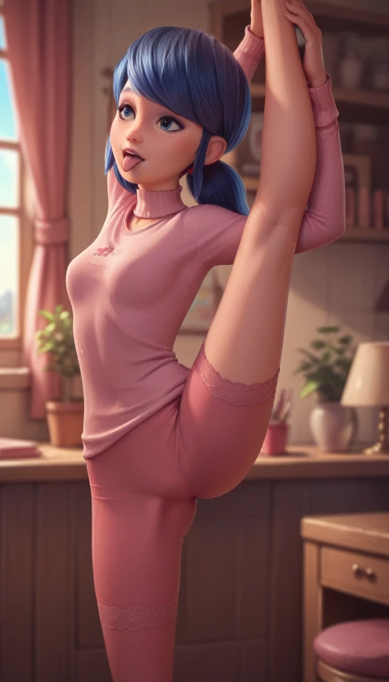 Marinette sticking her tongue out in a miniskirt lifting one leg, 