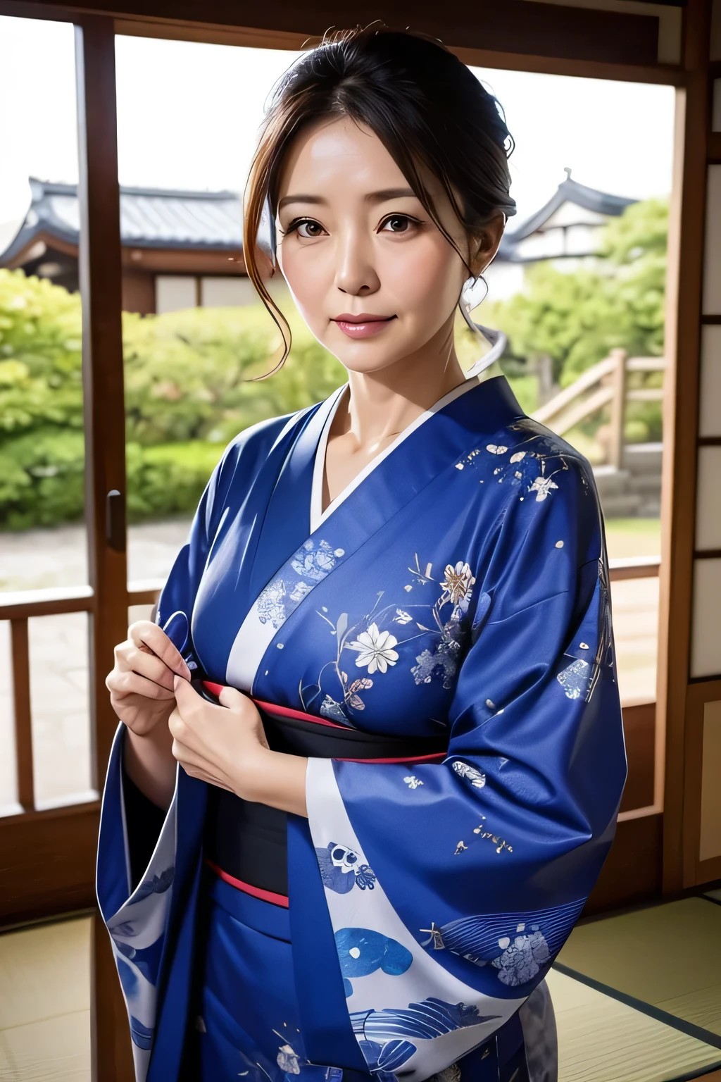 (One Girl), exremely cute face, Great face and eyes, (Highly detailed eyes, Highly detailed face), Fresh, Very beautiful appearance, (超Realistic, High resolution), (Highest quality:1.4), RAW Photos, (Realistic, Realistic:1.37), Professional photography, (Floral Yukata:1.3), smile, (look at me), Japanese-style room, Portrait of a Girl,Balcony、firework,hair bun、