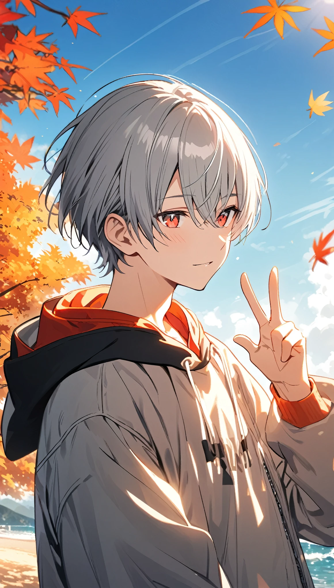 good looking, Alone, 1 male, Gray Hair, Red eyes, Long sleeve, Black and white hooded, noon, White Light,cute目,Short hairstyle,cute,Falling from the sky,綺麗なautumnの空,Lots of autumn leaves,autumn,sea,A sparkling view,bright,Blue Sky,Looking at the camera,Making a peace sign,