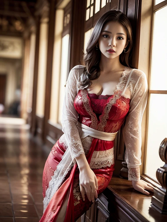 a Caucasian woman, around 20 years old standing wearing a red and black Victorian dress with a red and black Victorian coreset and high heels, diamond necklace and earrings, shirt less, braless, very expensive jewelry, very feminine and attractive, sexy seductive smile, black wavy hair, surreal bright vivid green iris, vivid green iris, red lips, red fingernails, very large firm breast, uncensored, high heels, beautifully hand crafted jewelry made of rare gems, romantic candlelight in a medieval setting, beautiful lighting, photorealism, beautiful realistic eyes; fantastic face, warm dreamy lighting, volumetric lighting, pulp adventure style, fluid acrylic, dynamic gradients, vivid color, illustration, highly detailed vector curves, simple, smooth and clean, vector art, smooth, Johan Greiner, character design, . 3d shading, cinematic, ornate patterns, elegant organic farming, hyperrealism, posturized, collection of masterpieces, lush vivid colors, twilight, wet gouache, view whole body, no extra limbs, no plastic look, no cartoon look, view from front