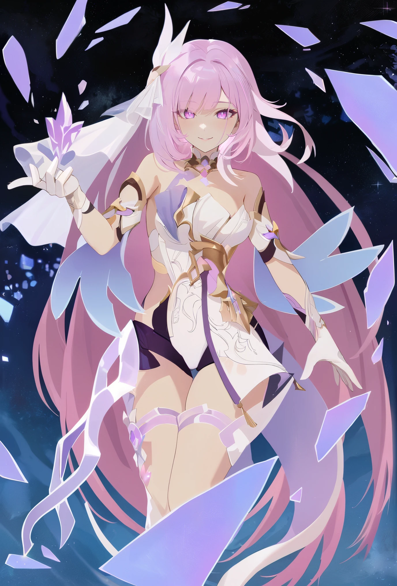 very aesthetic,1girl,elysia_/(herrscher_of_human:ego/)_/(honkai_impact/),graceful,pointed_ears,pink_hair,dreamy anime fantasy,very long hair,ultra-detailed,body details,delicate,soft color palette,elegant,effects of light and shadow,holy and divine,peaceful,serene,impeccable,transcendent beauty,awe-inspiring artwork,anime art style,perfect breasts,pale purple eyes with pink slit pupils,mature adult woman,holy mother,(realistic:.25),watercolor,narrow waist, slender shoulders,feminine beauty,raytracing,light purple eyes,dsmile,celestial,intricate,long eyelashes,goddess,(best quality,4k,8k,highres,masterpiece:1.2),mihoyo,full body,hand outstretched,glass shards