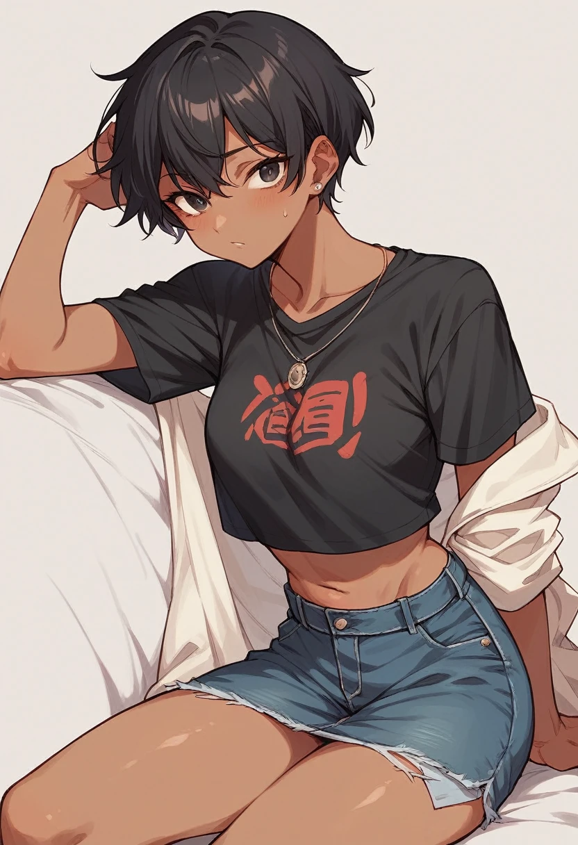 ((One girl)), anime, Short Black Hair, Dark Skin、I&#39;m happy to suck your dick, Sitting, Her hand was holding a testicle、Cat ears、Yoichi、Large Breasts、A chest as big as her face、Micro Bikini