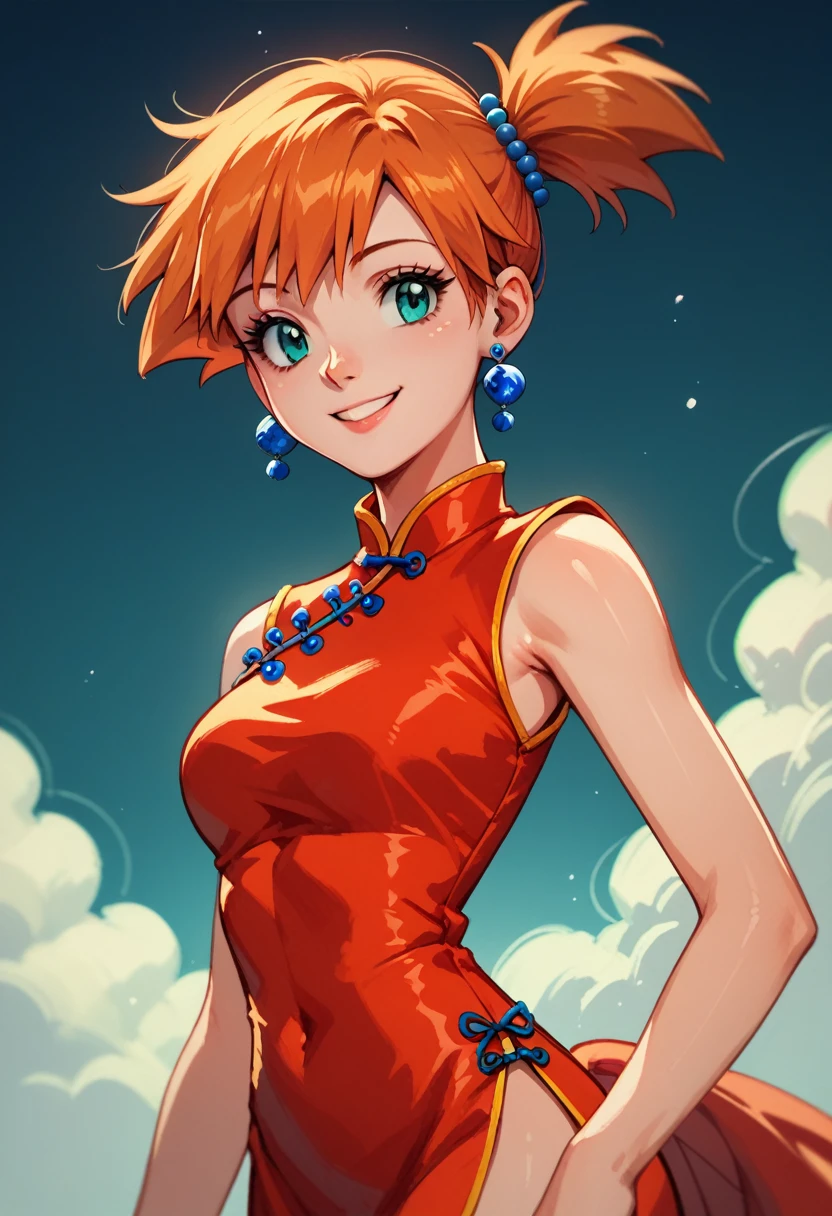 1girl, alone, misty pokemon, orange hair, aqua eyes, red china dress, bead hair tie, bead earrings, pretty, beautiful girl, smile