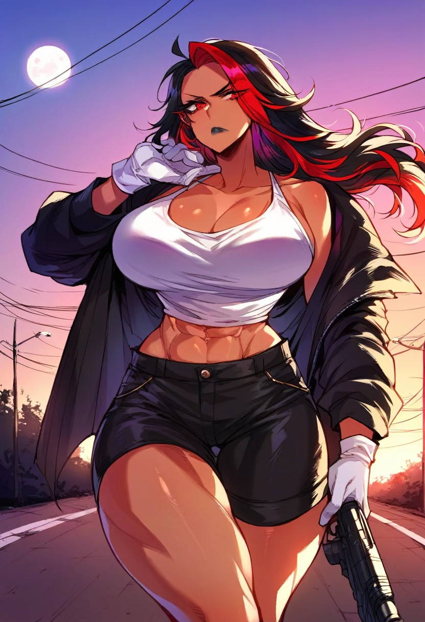 (Score_9, score_8_up, score_7_up), close up, adult, woman, seductive, holding assault rifle, huge breasts, long hair, black hair, red highlights, tan skin, red eyes, eyeliner, black lipstick, wide hips, toned, thick thighs, scowling, white tank top, black jacket red stripes, white gloves, black pants, highway, evening, moon, soft lighting, shadow, cinematic, source_anime,