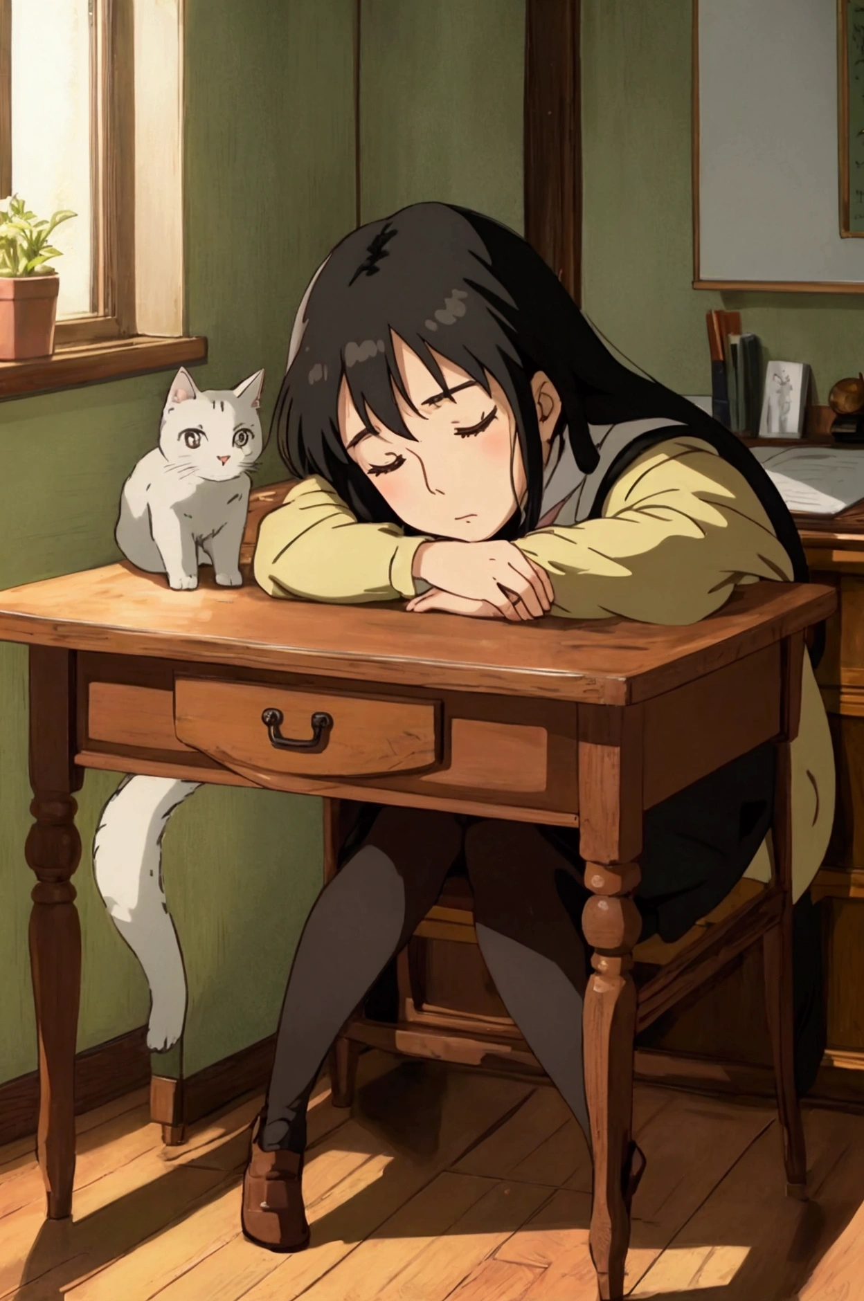 Ghibli, study desk, a black haired girl tired sleeping on desk, with a cat on the desk, 