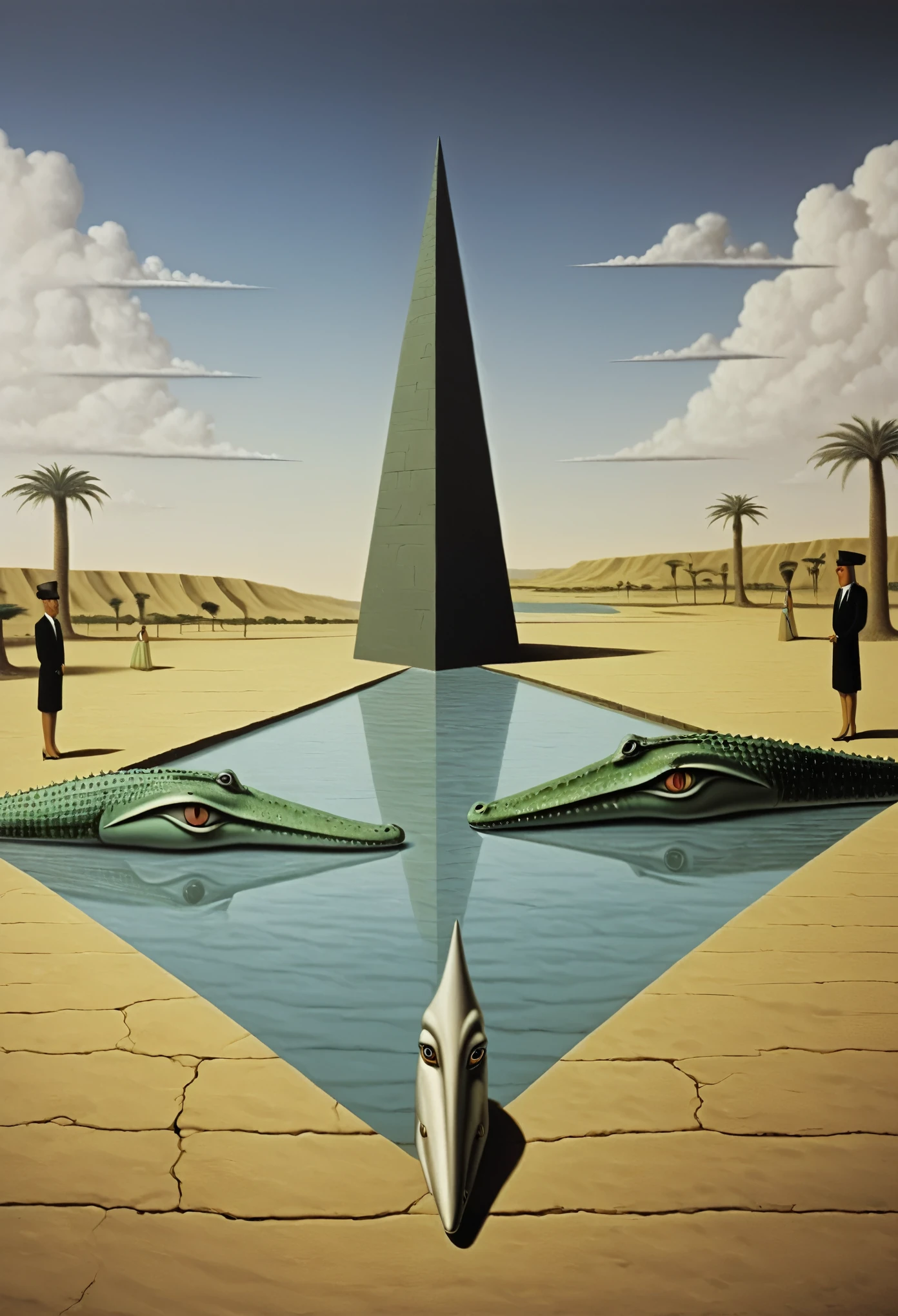 crocodiles and pharaoh on desert nile  - surrealist style, surrealist artwrok, dream like, Dali style, Rene Magritte style, highly detailed, masterpiece, painting-like, HD
Preparing 