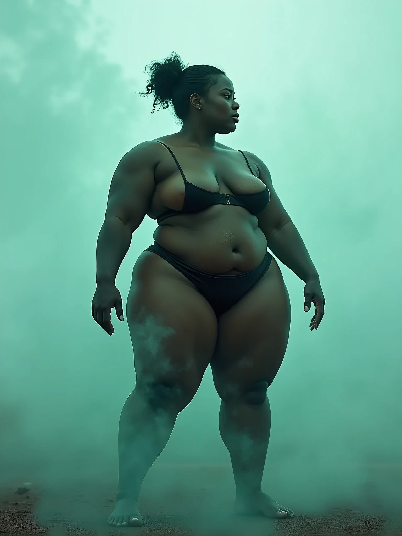 Shadow silluete of one big curved tall black woman standing on a clay road surrounded by a open forest in front of the sunlight after a rain with no clothes on and hair down photographed from low