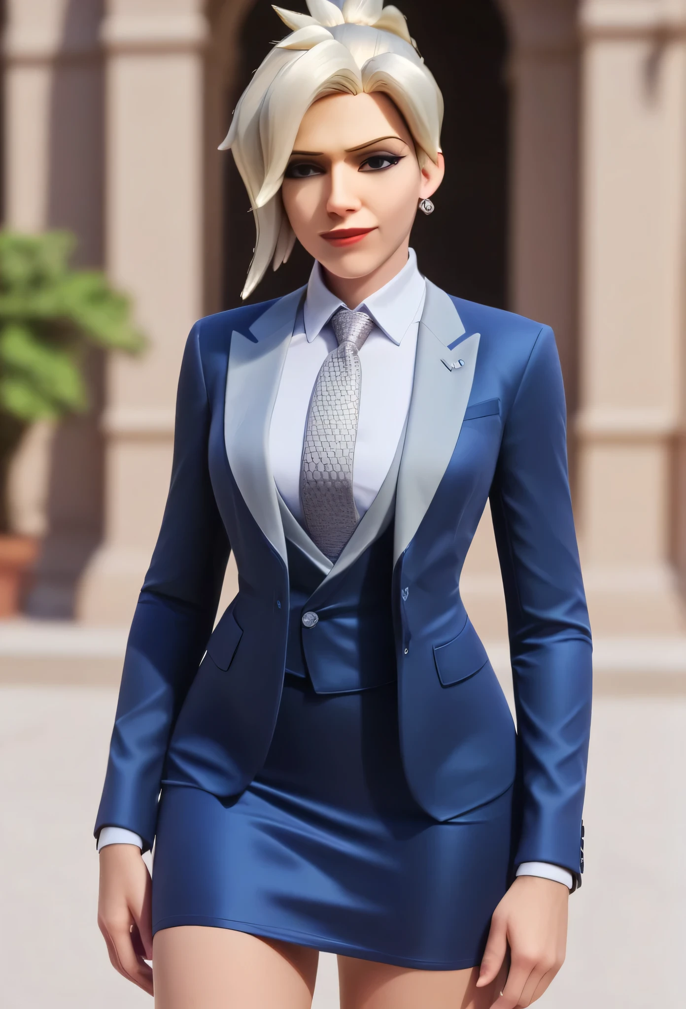 score_9, score_8_up, score_7_up, score_6_up, score_5_up, score_4_up, 3d,
owmercy, smirk, three-piece suit, ((waistcoat)), skirt suit, dress shirt, necktie, blazer, suit jacket, bodycon pencil skirt, (coloured shirt with white collar), white shirt collar, contrast collar, suit trim, makeup, lipstick, open suit jacket