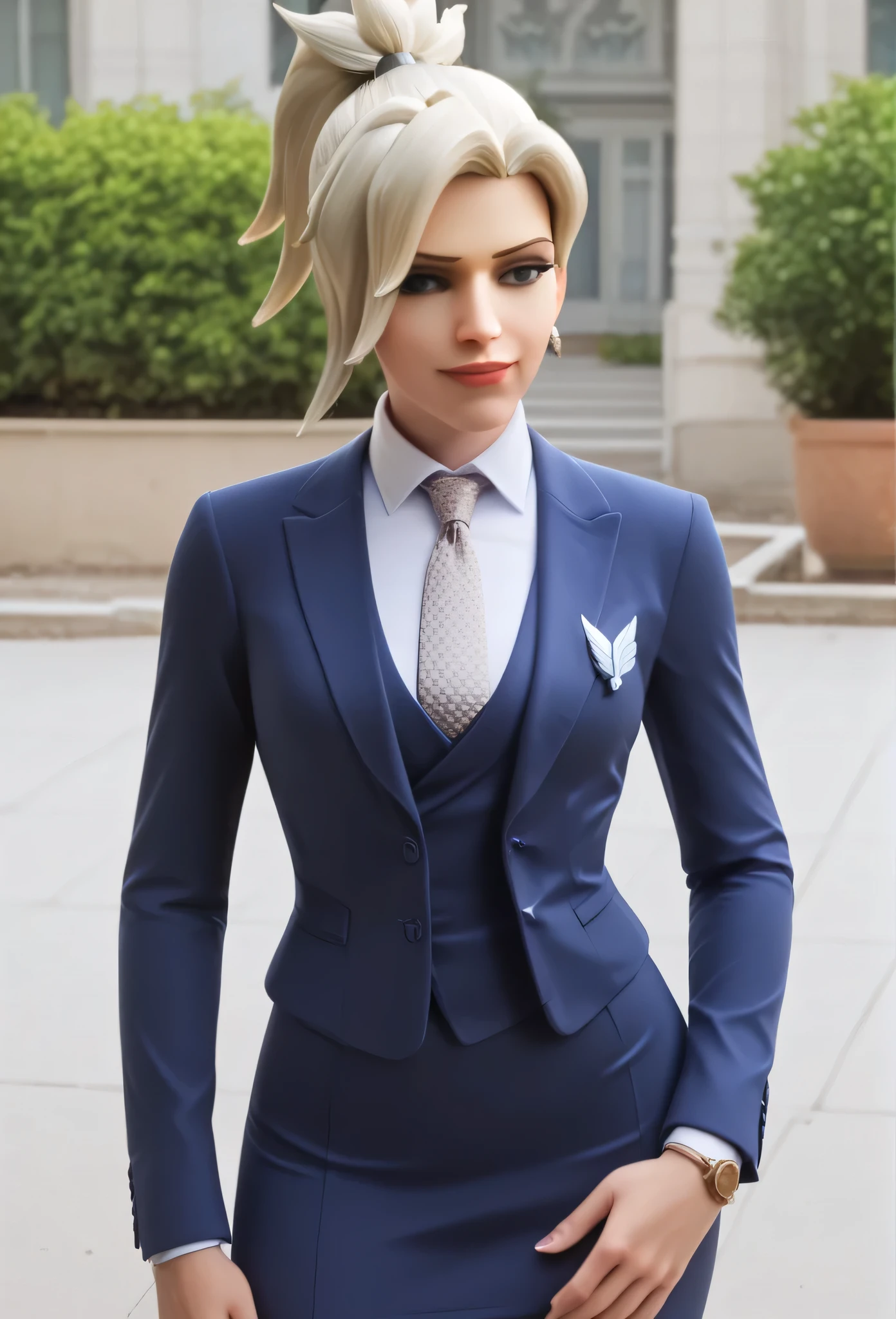 score_9, score_8_up, score_7_up, score_6_up, score_5_up, score_4_up, 3d,
owmercy, smirk, three-piece suit, ((waistcoat)), skirt suit, dress shirt, necktie, blazer, suit jacket, bodycon pencil skirt, (coloured shirt with white collar), white shirt collar, contrast collar, suit trim, makeup, lipstick, open suit jacket