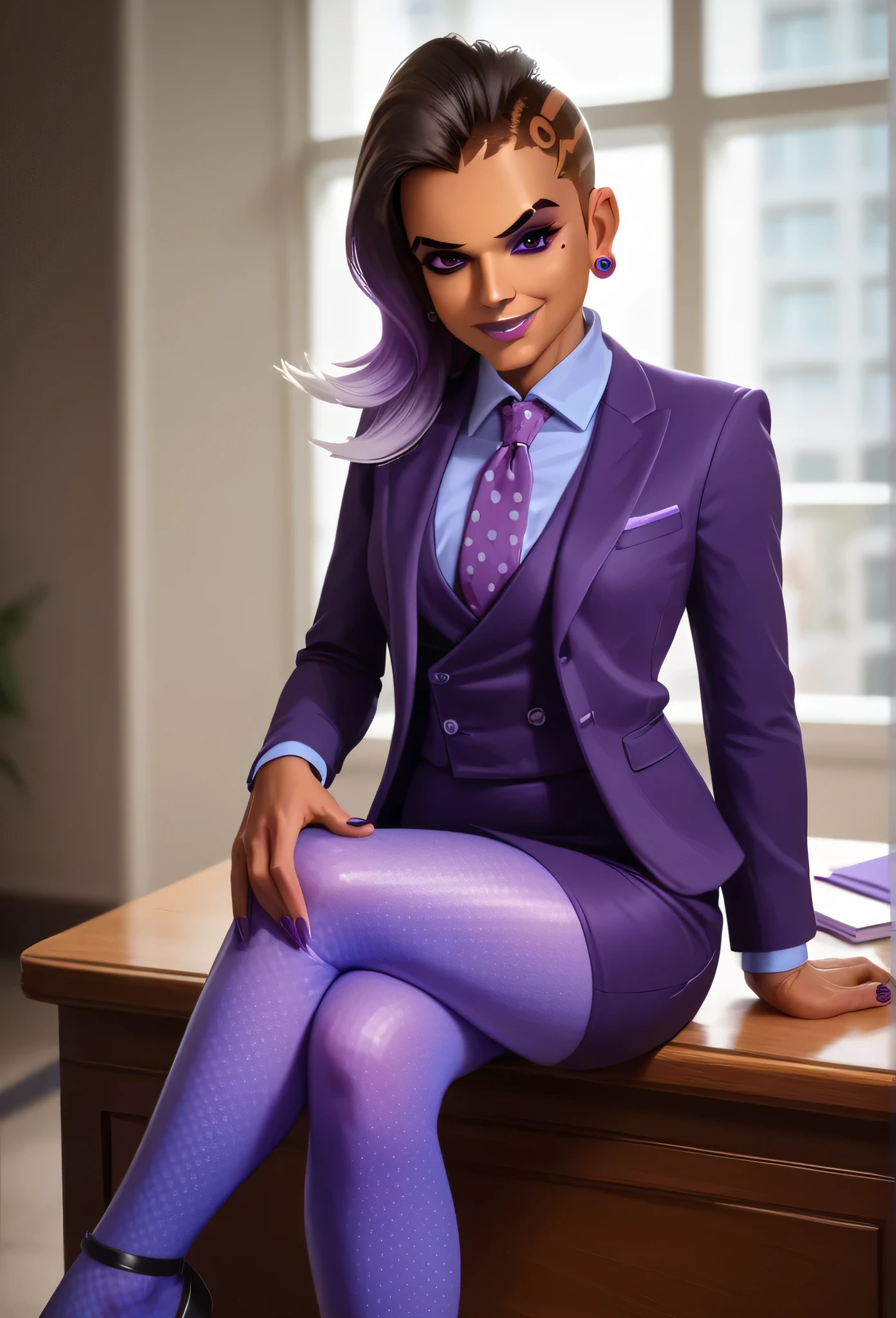 score_9, score_8_up, score_7_up, score_6_up, score_5_up, score_4_up, 3d,
owsombra, smirk, three-piece suit, ((waistcoat)), purple skirt suit, dress shirt, purple necktie, blazer, suit jacket, bodycon pencil skirt, (lilac shirt with white collar), white shirt collar, contrast collar, suit trim, makeup, lipstick, high heels, polka dot pantyhose, sitting on desk, hand on knee, elegant, cheeky, crossed legs, adjusting necktie