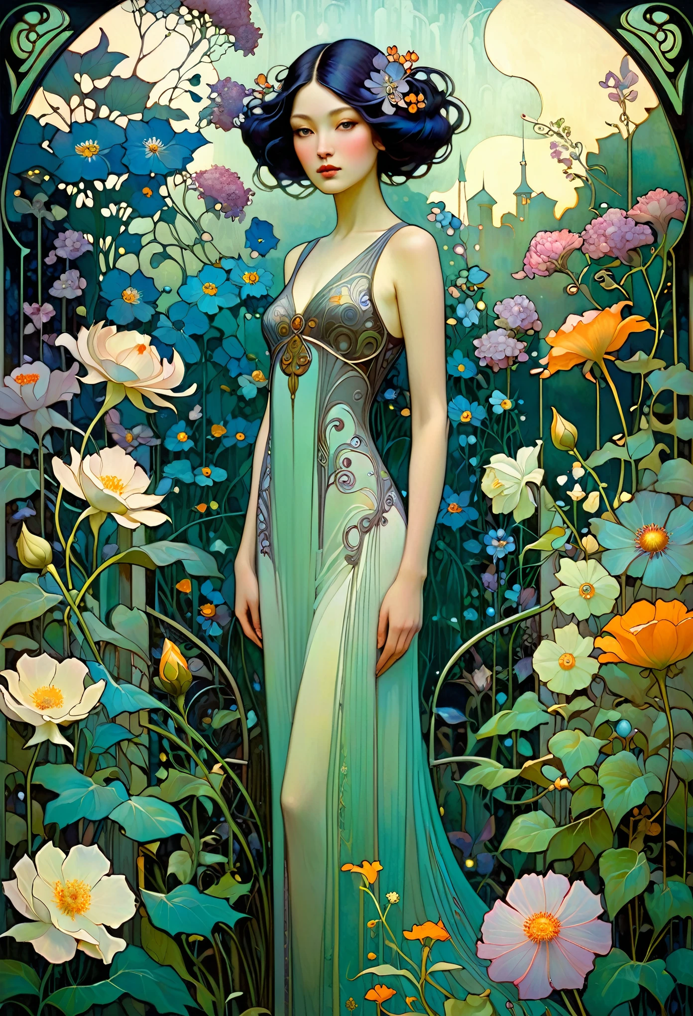 Painting of a woman, standing in a garden with flowers, stunning young unearthly figure, Daniel Merriam :.1, Art Nouveau painting, she center now, Zhang Yin, Carlos Krauts, Modern Art Nouveau, Vdragan Bibin, Mucha Klimt and Tom Bagshaw, Benjamin Lacombe