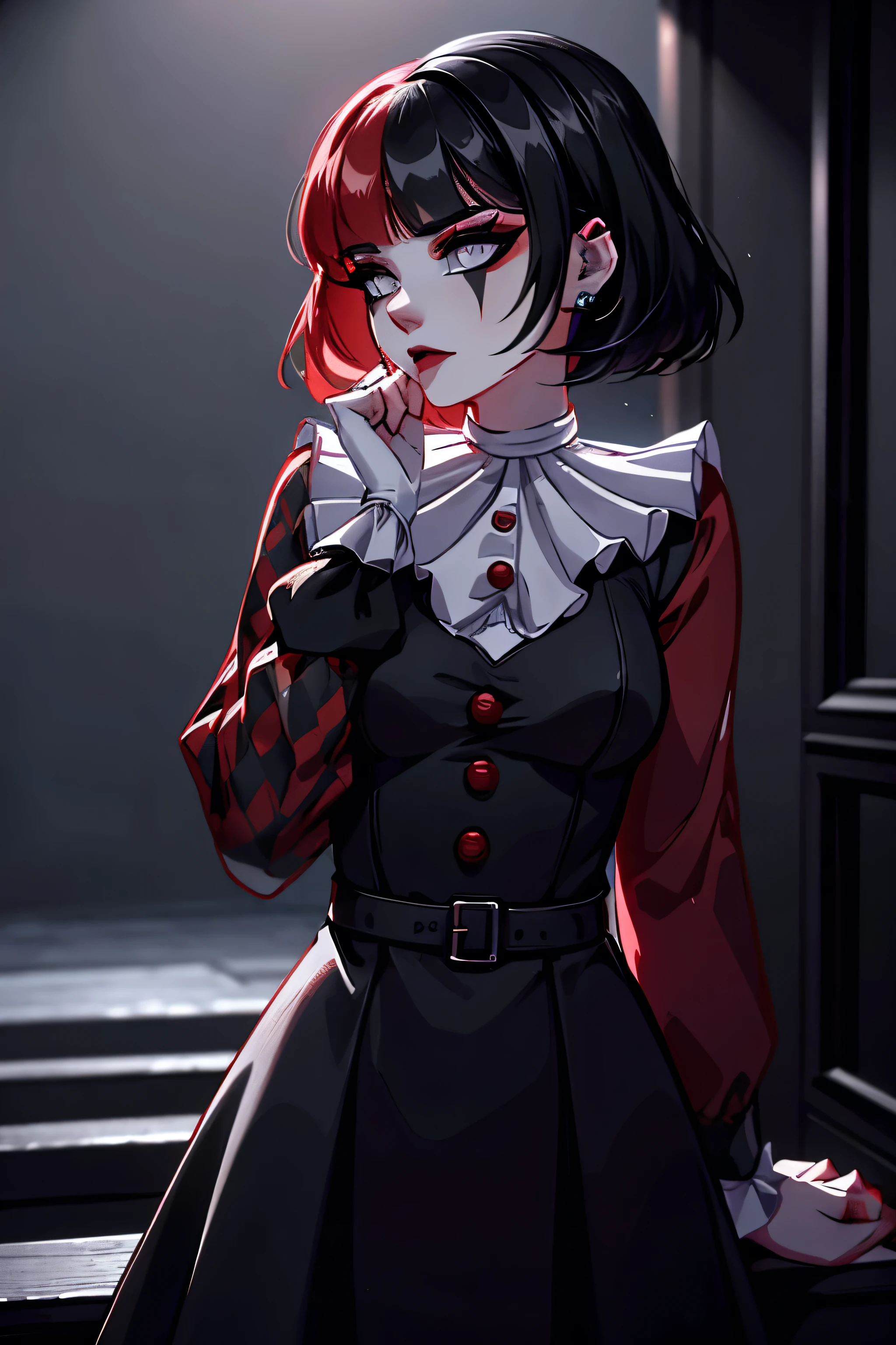 A beautiful, detailed vampire girl with striking two-tone hair, dramatic makeup, and piercing gaze, standing amongst the moody, atmospheric scenery of the World of Darkness, masterfully rendered in high-resolution, 8K quality, with ultra-realistic, photorealistic shading and lighting, cinematic composition, vibrant colors, and an immersive, otherworldly ambiance, created using Unreal Engine.