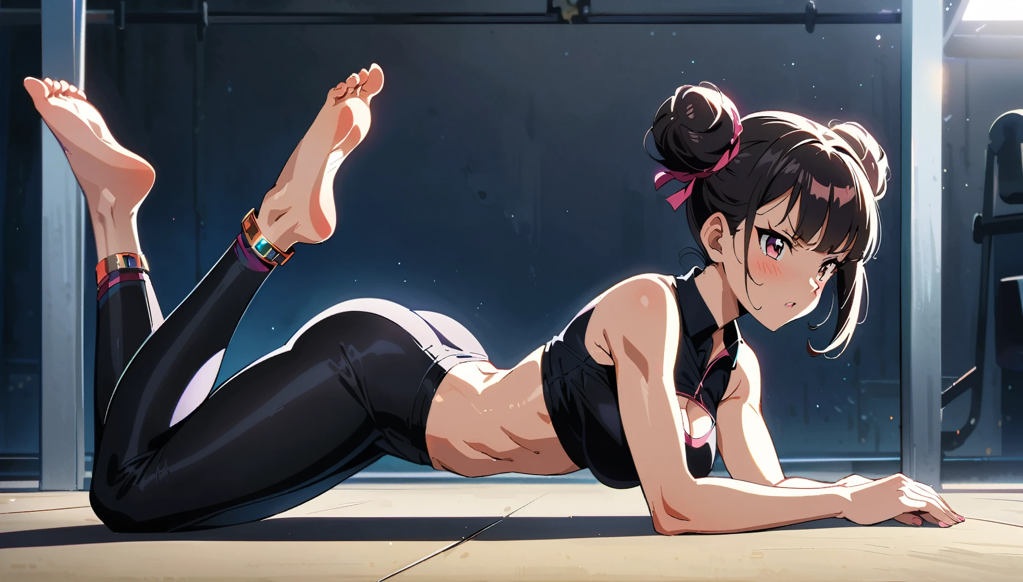 beautiful girl、Big Breasts、Black Hair、Long Straight、Great style、Nice body、Abdominal muscles、Muscular、Training Gym、Sports Bra、Light purple bra top、Cleavage、Light purple bikini pants、Beautiful buttocks、Toned Legs、Prone、Doing push-ups、The whole body is visible、Sweaty skin、White training socks、shoes、