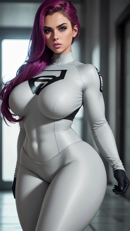 a sexy woman, athletic body, big breasts, big ass, thick thighs, facing camera, Scrunchbutt Leggings, gray and white superhero uniform, red superhero high boots, gloves on hands, detailed eyes, detailed lips, extremely detailed face, longeyelashes, hyper realistic, 8k, photorealistic, masterpiece, cinematic lighting, dynamic pose, heroic, powerful, dramatic, vibrant colors roupa de látex 