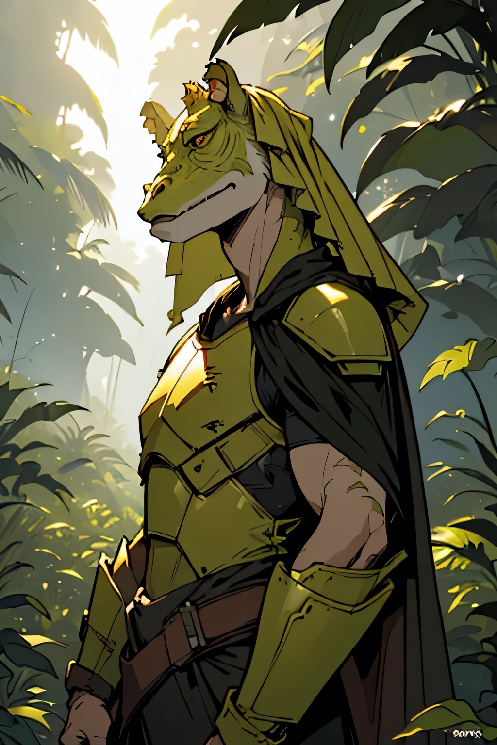 (forest, mist, tropical, dense vegetation), (1boy, solo, creature, monster, reptile, lizzard like, anthro, gungan, scars, strong, mandalorian), (yellow armor, black cape), (portrait), front view, looking at viewer
