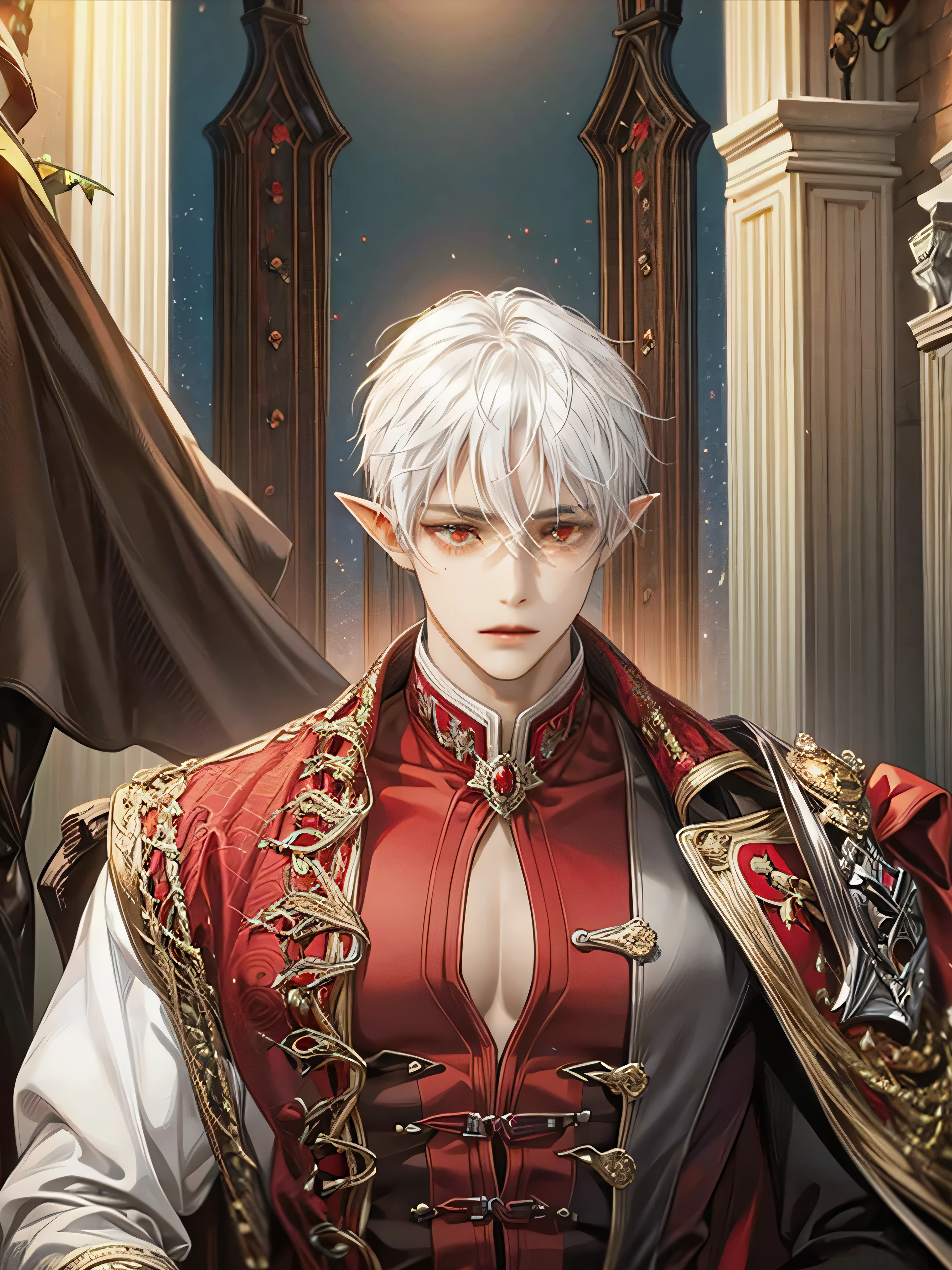 create an image of a red-eyed vampire elf with chocolate brown skin color and white hair, with the top background of a building(male character)