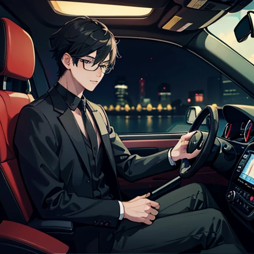 Anime style illustrations、High Quality、Black suit、Black shirt under suit、Black Hair、Short Hair、Two-block hair、Inside the car、Fisheye Lens、Recorded with a drive recorder、2 men、Wearing trousers、The cheeks are flushed、Seniors and Juniors、One of them is wearing glasses.、One of them forgot to shave.、lover、Assistant seat、Driver&#39;s seat、Holostars、Wearing a tie