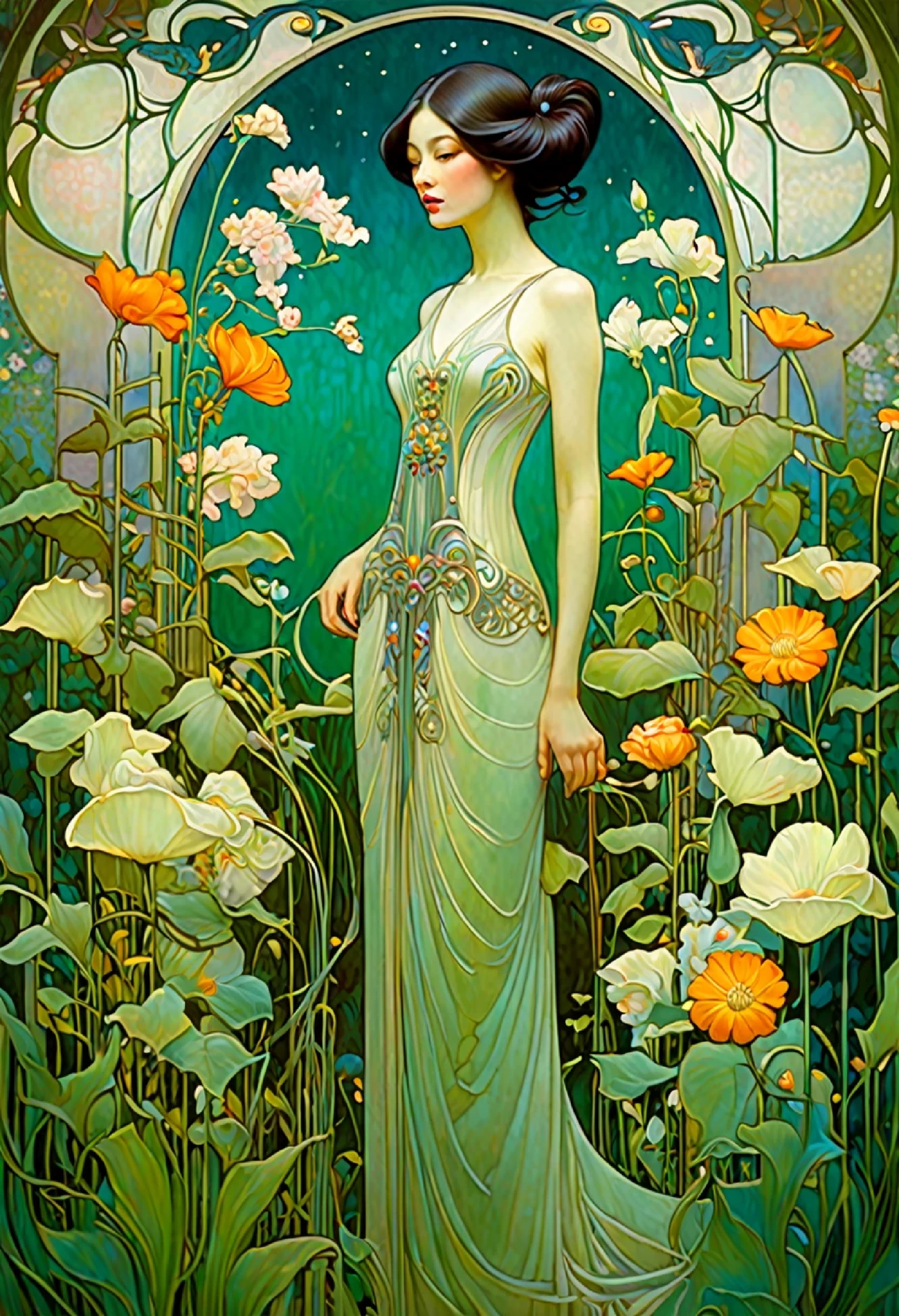 Painting of a woman, standing in a garden with flowers, stunning young unearthly figure, Daniel Merriam :.1, Art Nouveau painting, she center now, Zhang Yin, Carlos Krauts, Modern Art Nouveau, Vdragan Bibin, Mucha Klimt and Tom Bagshaw, Benjamin Lacombe