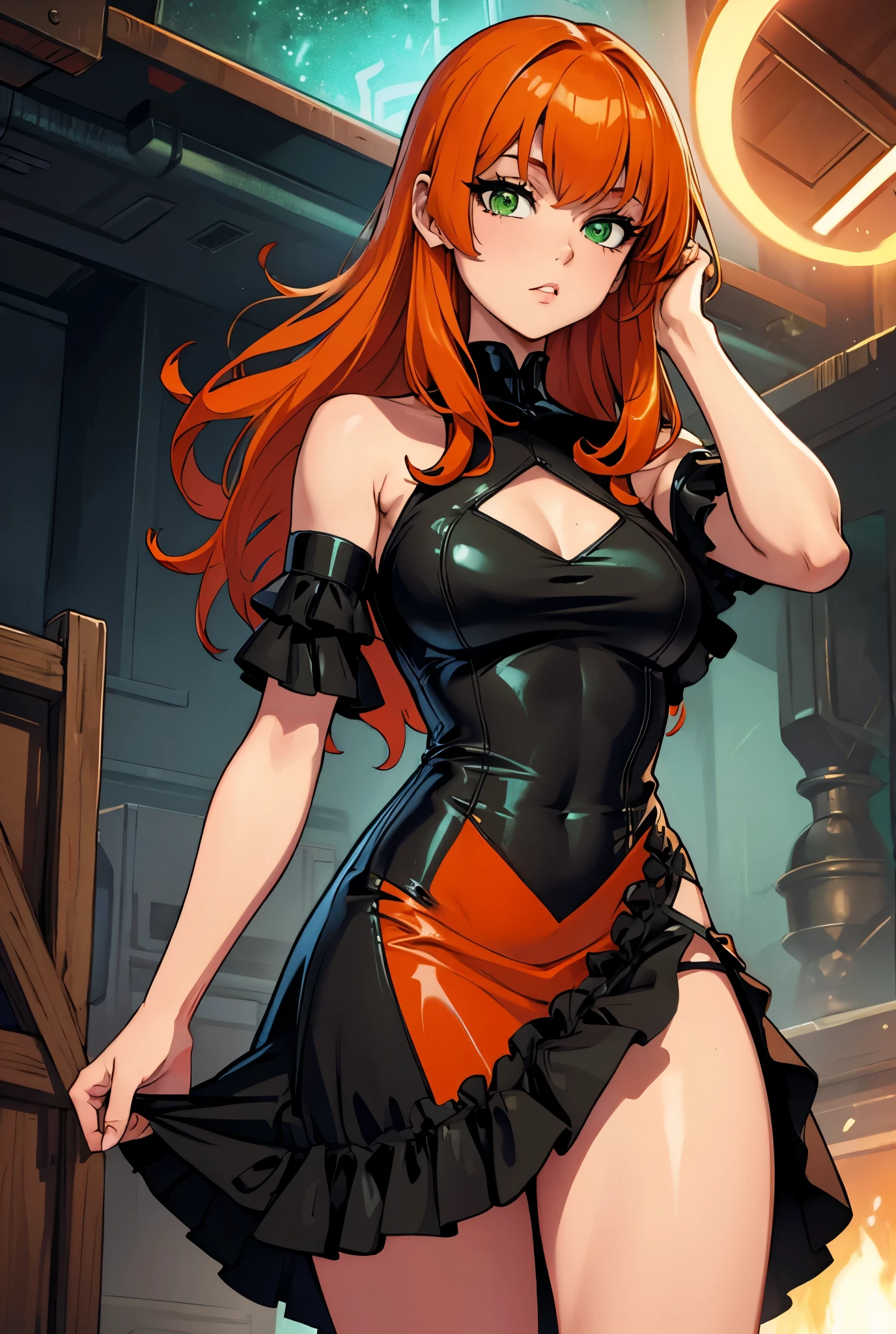 a beautiful woman, orange eyes, detailedeyes, Yoji Shinkawa: 0.6 Long Curly Orange Hair, stunning clothes, blush, looking ahead at viewer