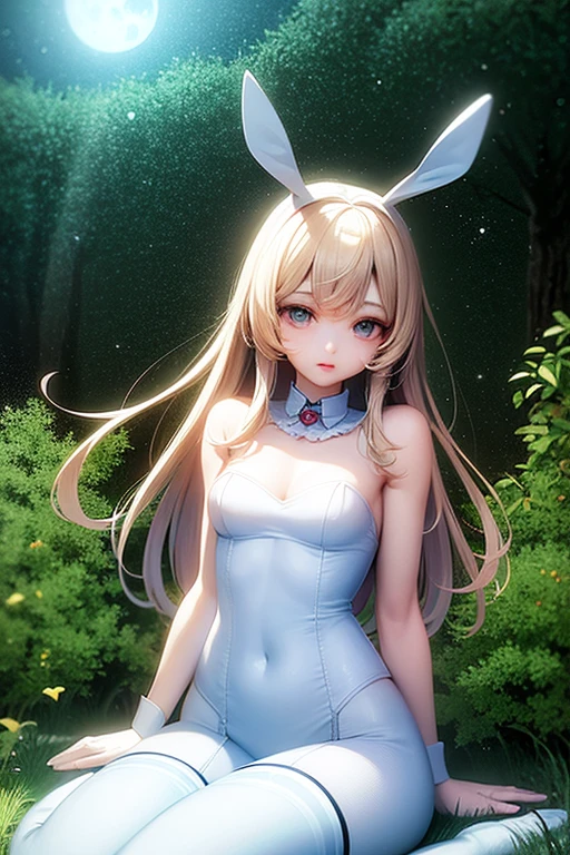 Alice (in wonderland), beautiful young adult (feminine), chic, funny body, Scrawny, medium breasts, soft and charming look, roupas feminines (white may) bunny outfit, white tights, bunny ears, high-heels, in the forest at night, full moon visible in the background, 8K, best qualityer, realistic anime style, RPG