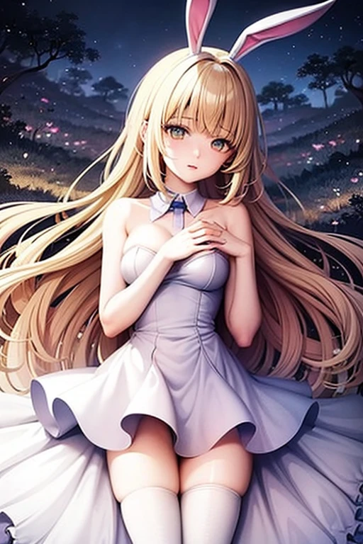 Alice (In Wonderland), beautiful young adult (feminine), elegant, funny body, thin, medium breasts, soft and charming look, roupas feminines (white may) bunny outfit, white tights, Bunny ears, high jump, in the forest at night, full moon visible in the background, 8k, better quality, realistic anime style, rpg