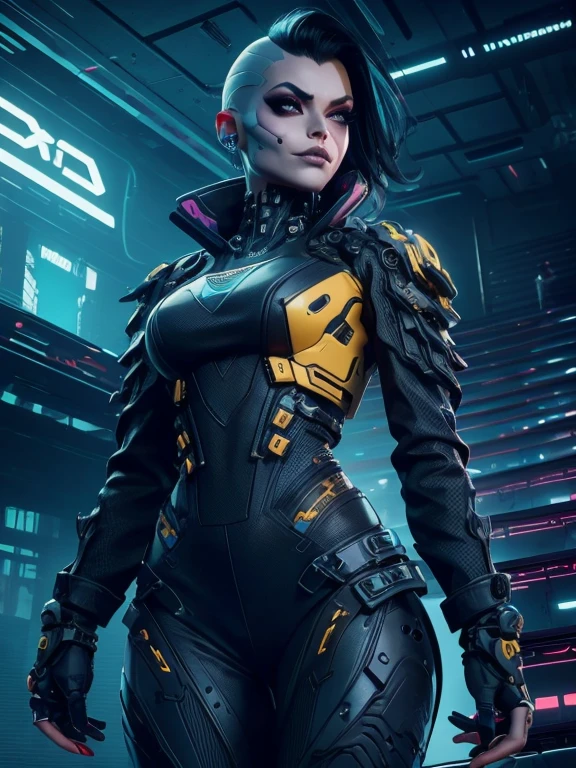 (Photorealistic:1.4) image of a cyber punk girl, (top-quality, 8K, 32K, masterpiece) , (dynamic pose), ((facing camera)), cowboy shot, shapeless hair, colorful hair, colorful cyberpunk fashionwear, ,depth of field f/1.8, cyberpunk city background, cinematic lighting.